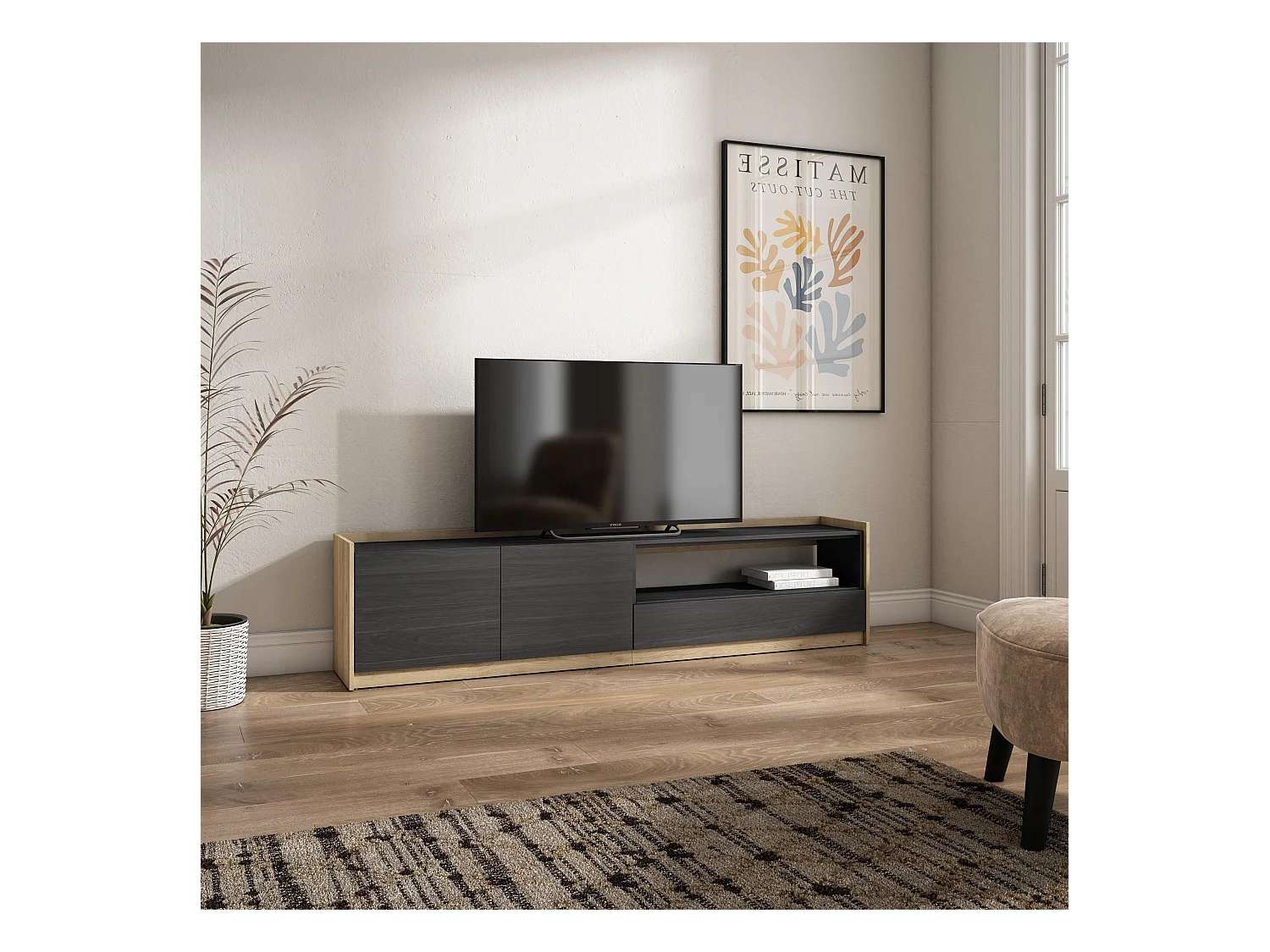 Meuble TV | Banc Télé, 207x50x37 cm, Pour les TV jusqu'à 80", Meubles de salon, Noir et chêne