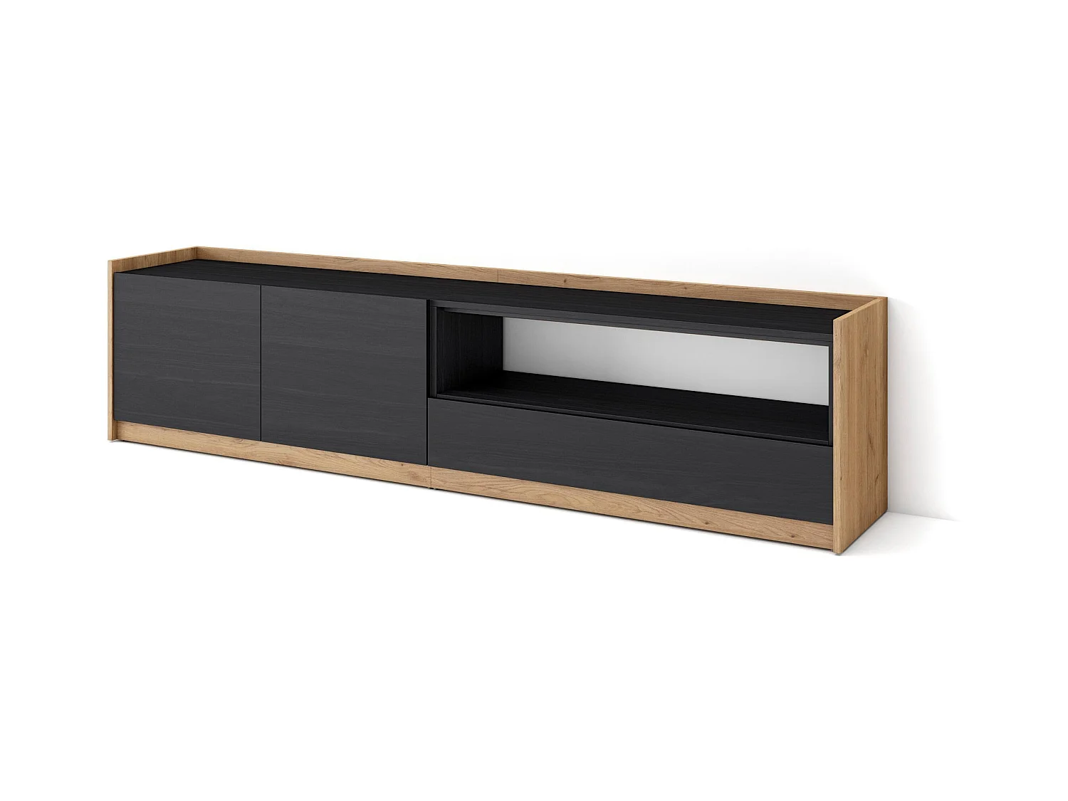 Meuble TV | Banc Télé, 207x50x37 cm, Pour les TV jusqu'à 80", Meubles de salon, Noir et chêne