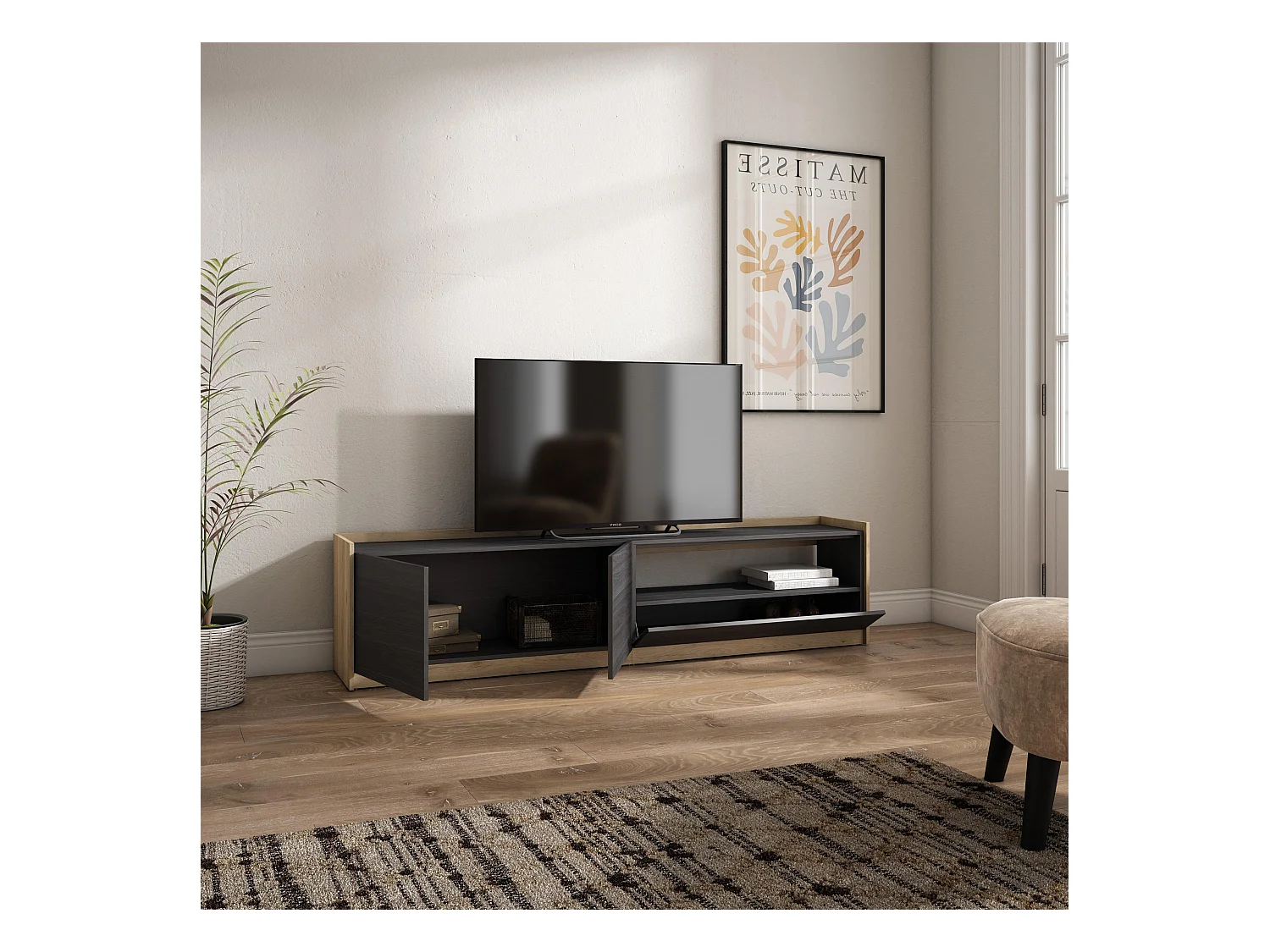 Meuble TV | Banc Télé, 207x50x37 cm, Pour les TV jusqu'à 80", Meubles de salon, Noir et chêne