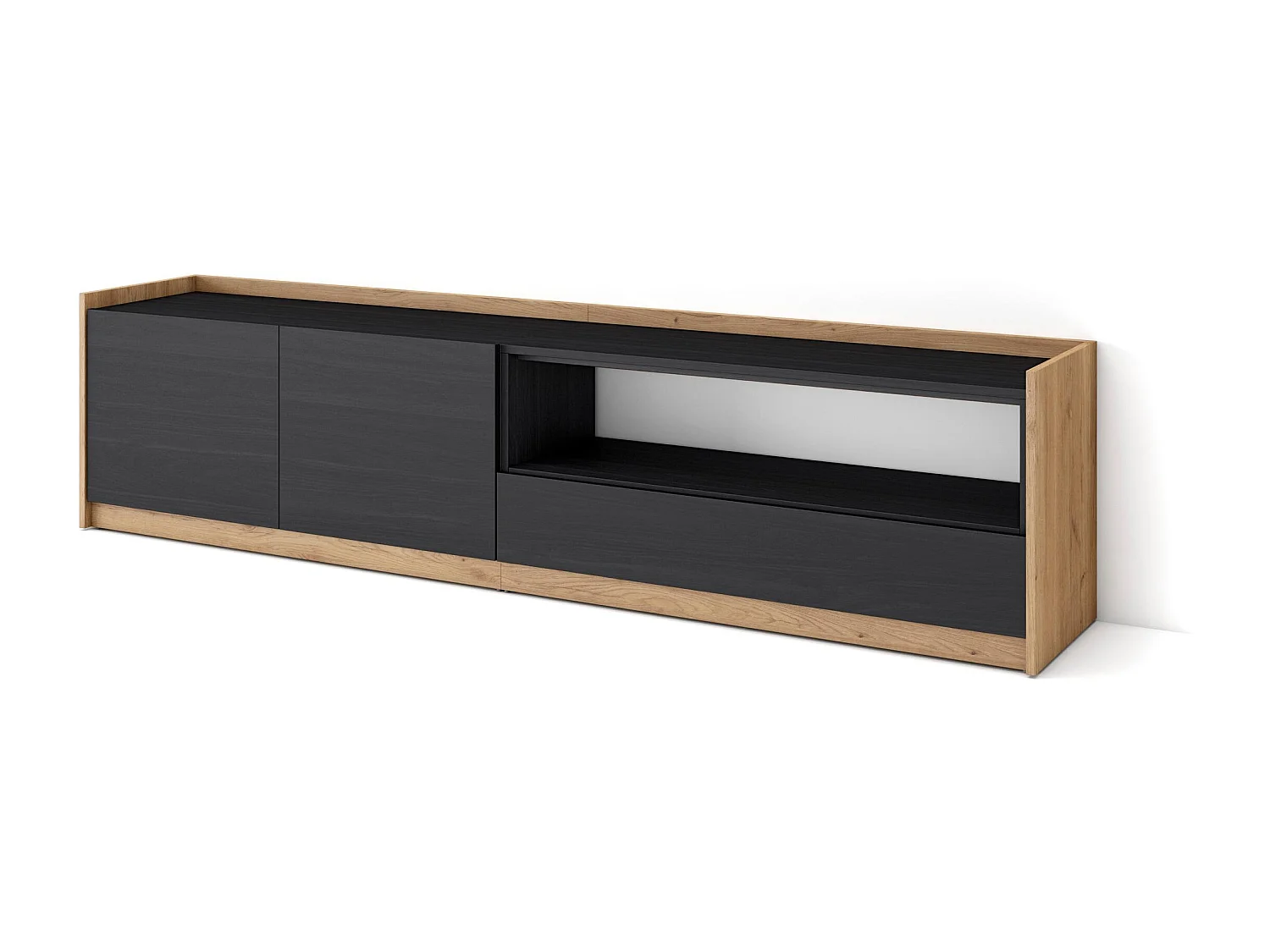Meuble TV | Banc Télé, 207x50x37 cm, Pour les TV jusqu'à 80", Meubles de salon, Noir et chêne