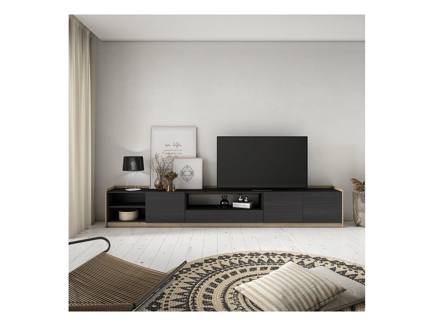 Meuble TV | Banc Télé, 310x50x37 cm, Pour les TV jusqu'à 80", Meubles de salon, Noir et chêne