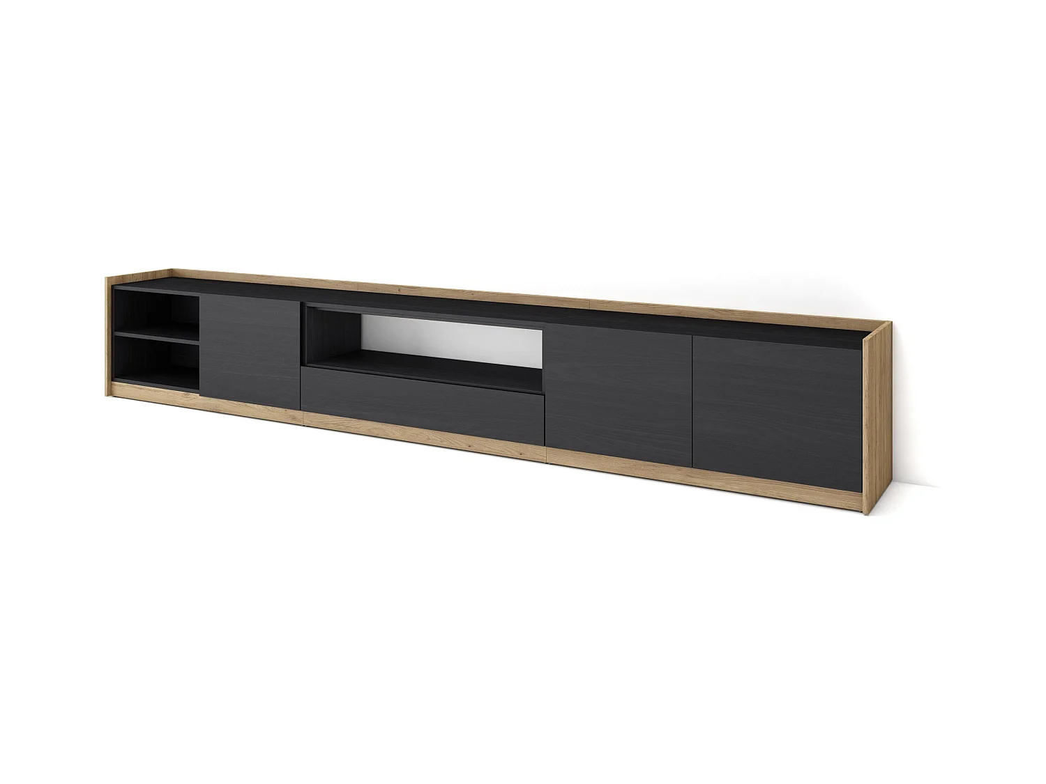 Meuble TV | Banc Télé, 310x50x37 cm, Pour les TV jusqu'à 80", Meubles de salon, Noir et chêne