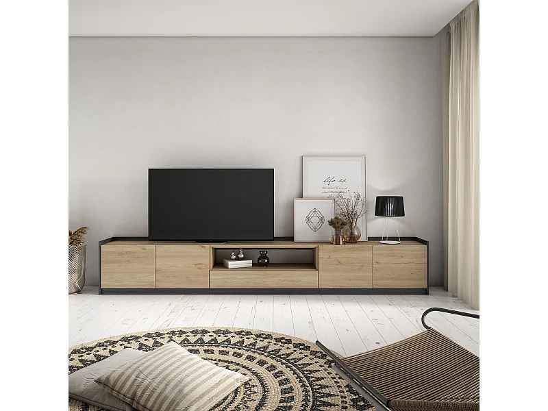 Meuble TV | Banc Télé, 310x50x37 cm, Pour les TV jusqu'à 80", Meubles de salon, Chêne et noir