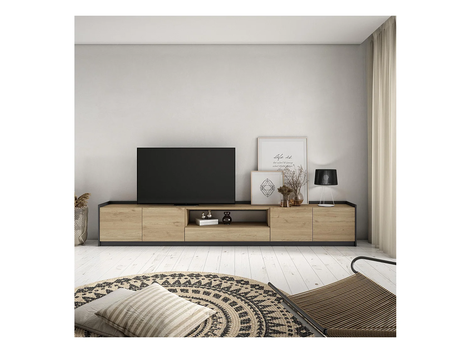 Meuble TV | Banc Télé, 310x50x37 cm, Pour les TV jusqu'à 80", Meubles de salon, Chêne et noir