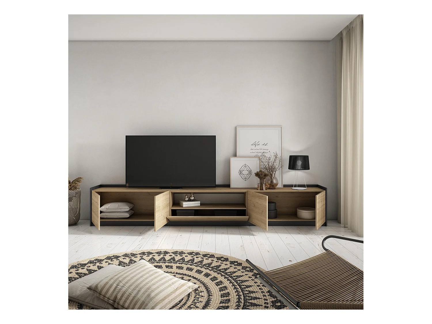 Meuble TV | Banc Télé, 310x50x37 cm, Pour les TV jusqu'à 80", Meubles de salon, Chêne et noir