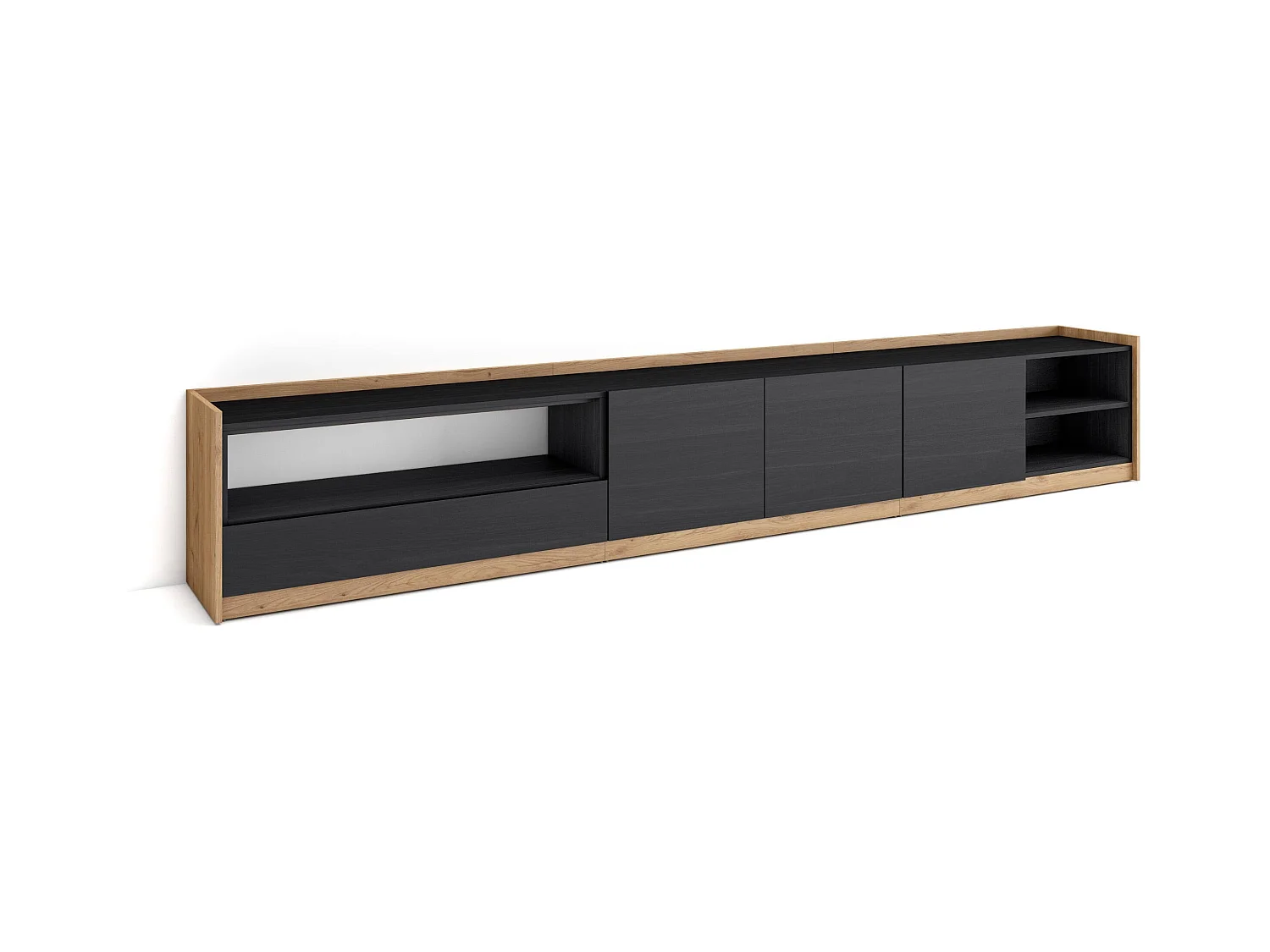 Meuble TV | Banc Télé, 310x50x37 cm, Pour les TV jusqu'à 80", Meubles de salon, Noir et chêne