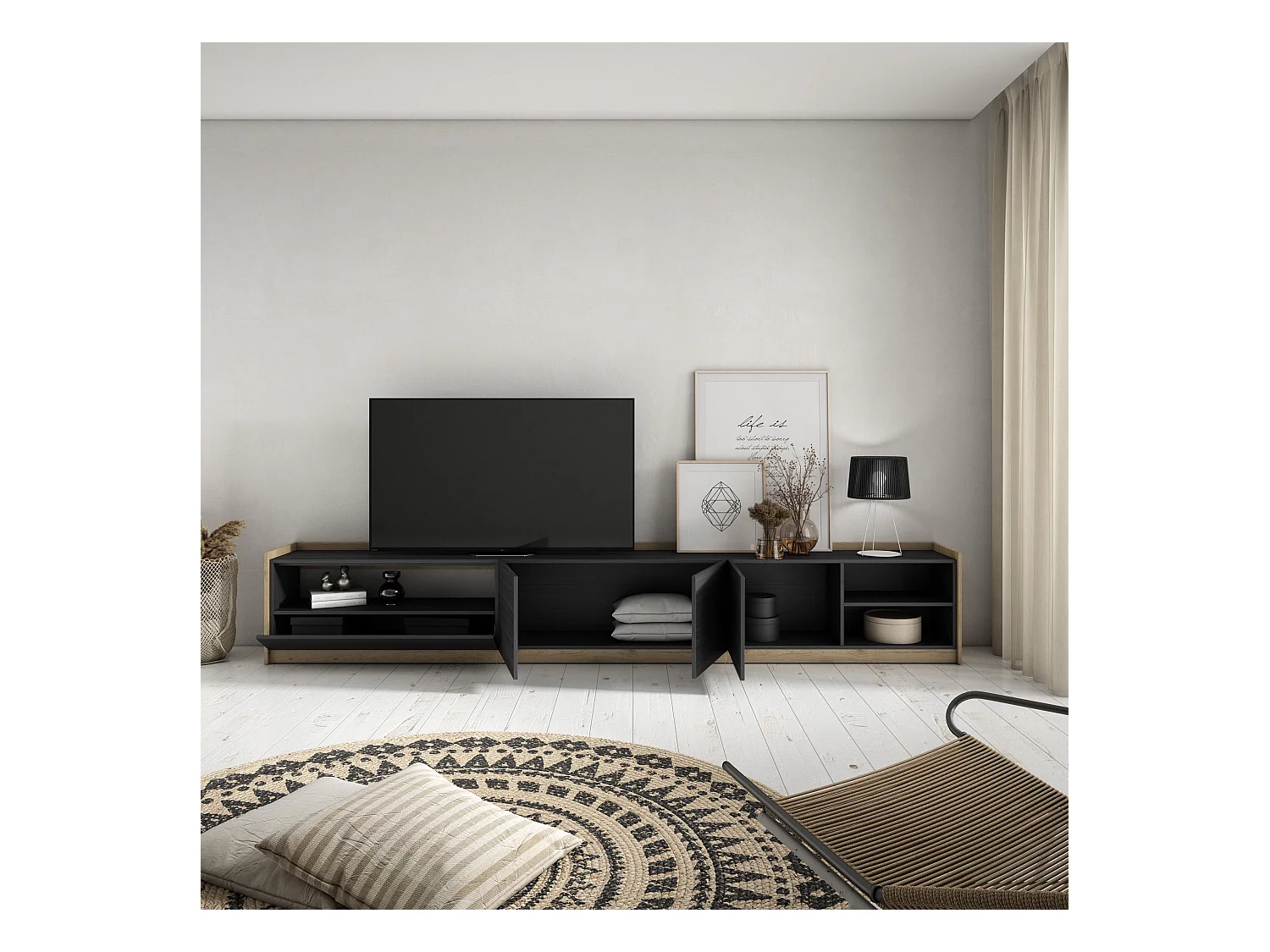 Meuble TV | Banc Télé, 310x50x37 cm, Pour les TV jusqu'à 80", Meubles de salon, Noir et chêne