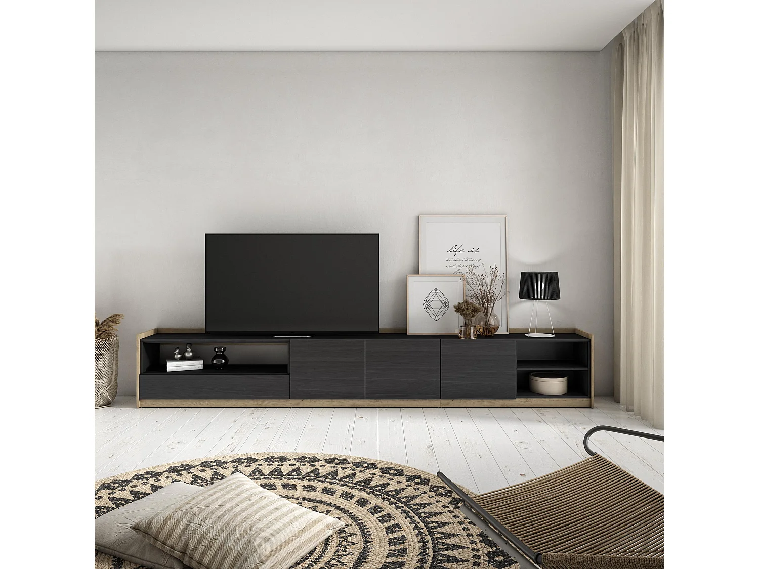 TV-Meubel, Lowboard, 310x50x37 cm, Voor tv's tot 80, TV-Tafel, Eiken/Zwart