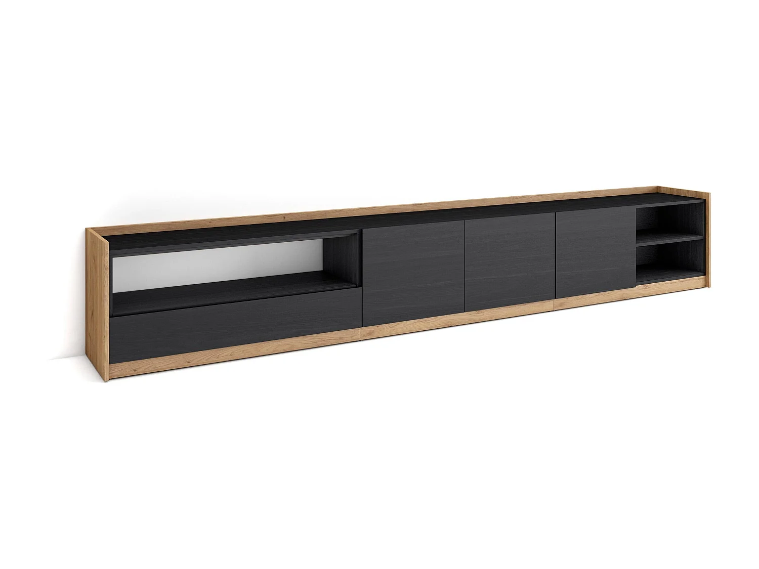 Meuble TV | Banc Télé, 310x50x37 cm, Pour les TV jusqu'à 80", Meubles de salon, Noir et chêne