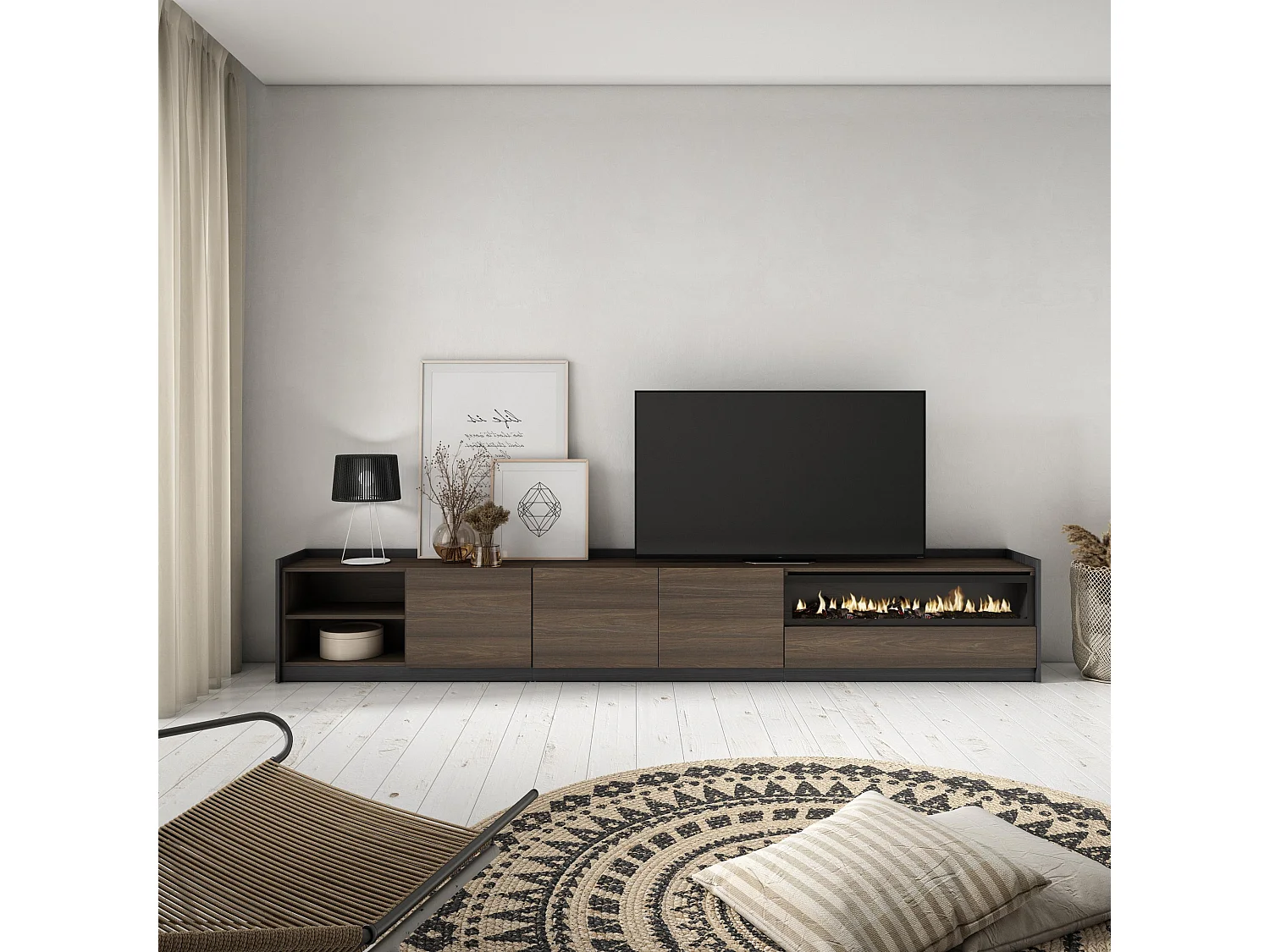 Meuble TV | Banc Télé, 310x50x37 cm, Pour les TV jusqu'à 80", Cheminée électrique, Chêne foncé et Noir