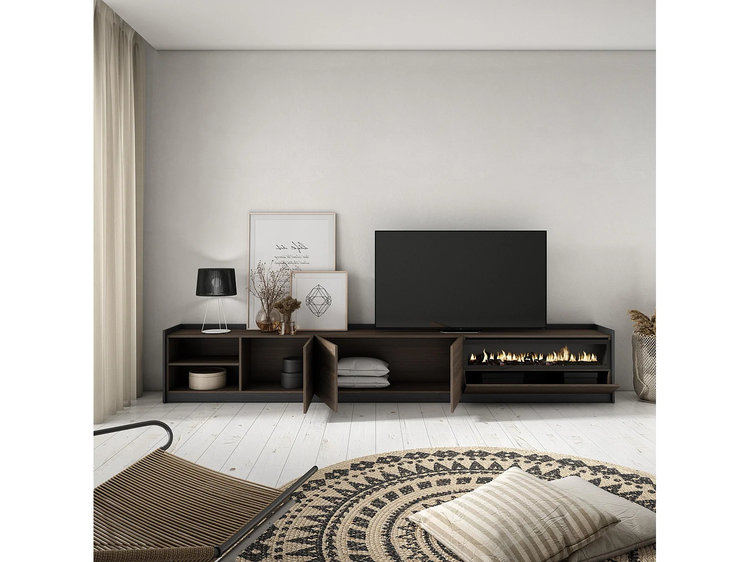 Meuble TV | Banc Télé, 310x50x37 cm, Pour les TV jusqu'à 80", Cheminée électrique, Chêne foncé et Noir