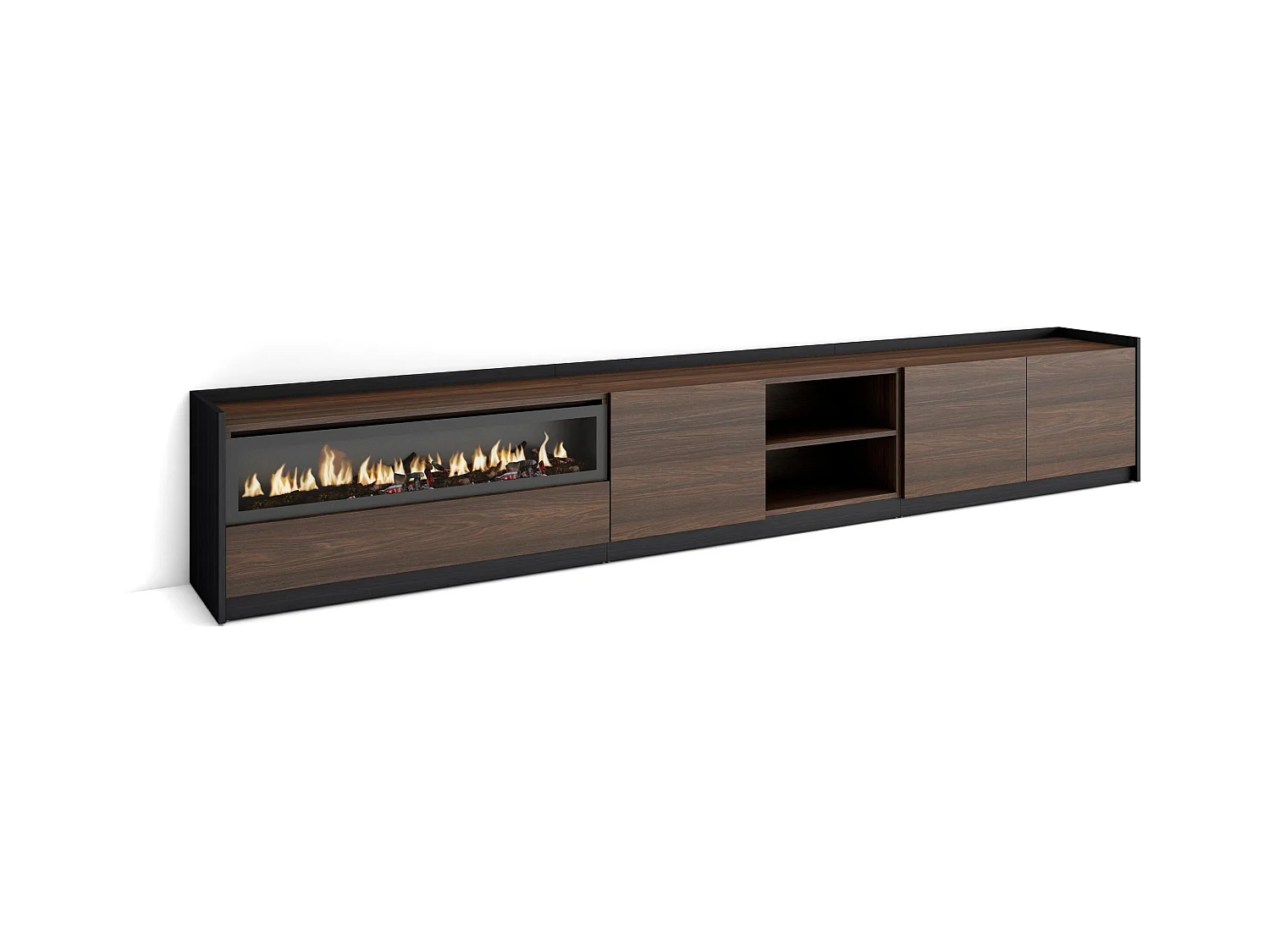 Mobile TV Soggiorno, 310x50x37 cm, Per TV fino a 80", Camino elettrico, Rovere scuro e Nero
