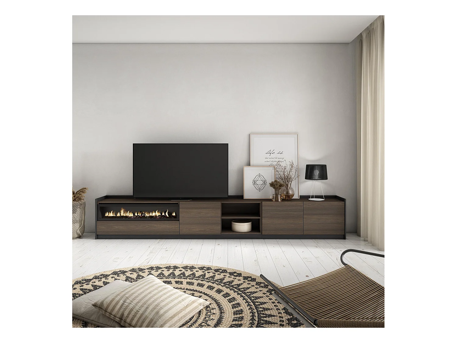 TV-Schrank, Lowboard, 310x50x37 cm, Für TV-Geräte bis zu 80", Elektrokamin., Dunkler Eiche und Schwarz