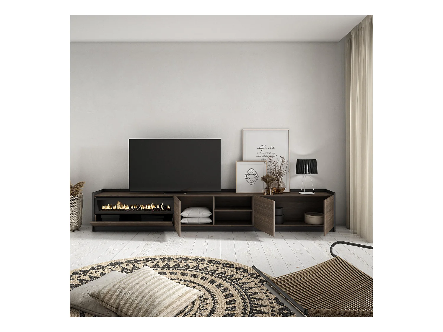TV-Schrank, Lowboard, 310x50x37 cm, Für TV-Geräte bis zu 80", Elektrokamin., Dunkler Eiche und Schwarz