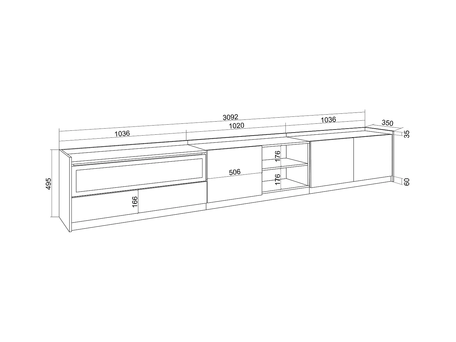 TV-Schrank, Lowboard, 310x50x37 cm, Für TV-Geräte bis zu 80", Elektrokamin., Dunkler Eiche und Schwarz