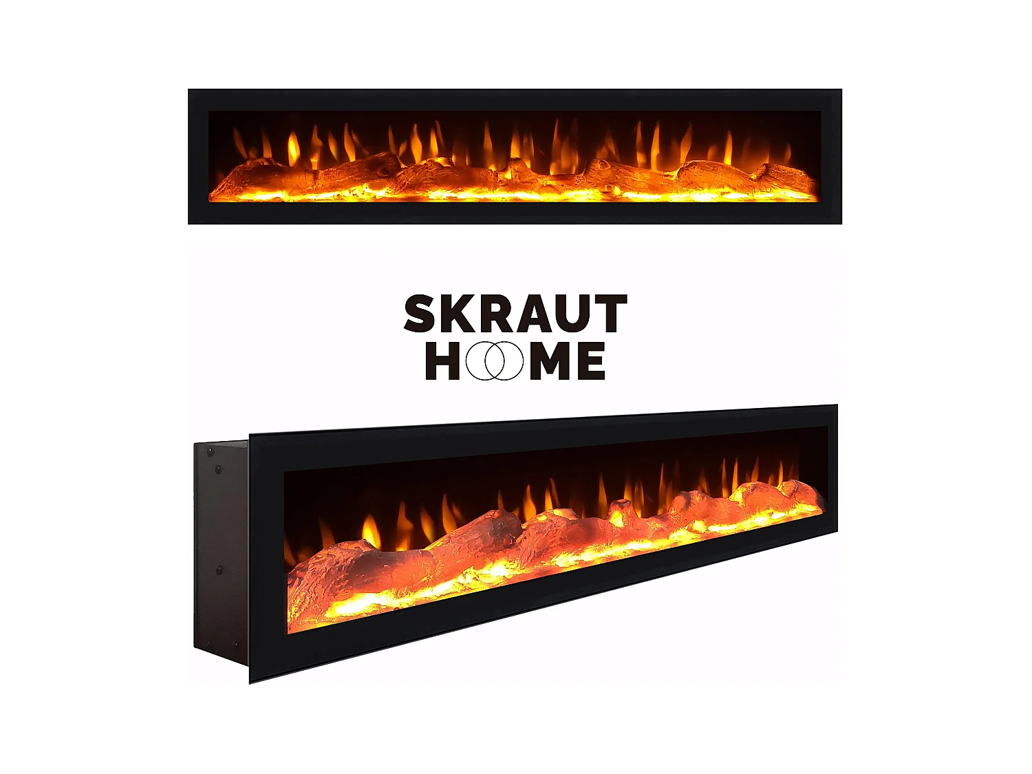 TV-Schrank, Lowboard, 310x50x37 cm, Für TV-Geräte bis zu 80", Elektrokamin., Dunkler Eiche und Schwarz