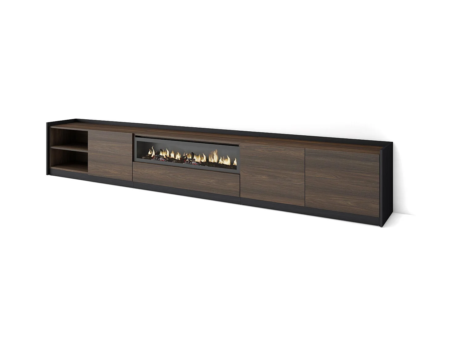 Mobile TV Soggiorno, 310x50x37 cm, Per TV fino a 80", Camino elettrico, Rovere scuro e Nero