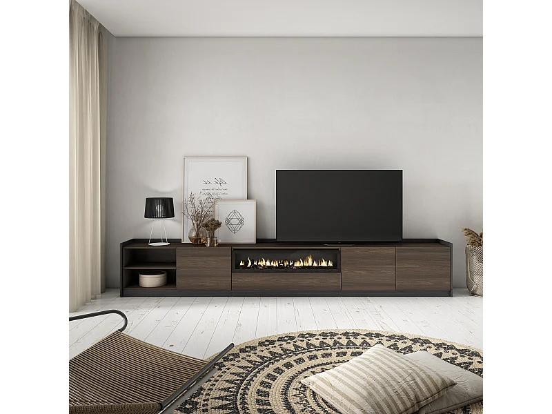 Meuble TV | Banc Télé, 310x50x37 cm, Pour les TV jusqu'à 80", Cheminée électrique, Chêne foncé et Noir