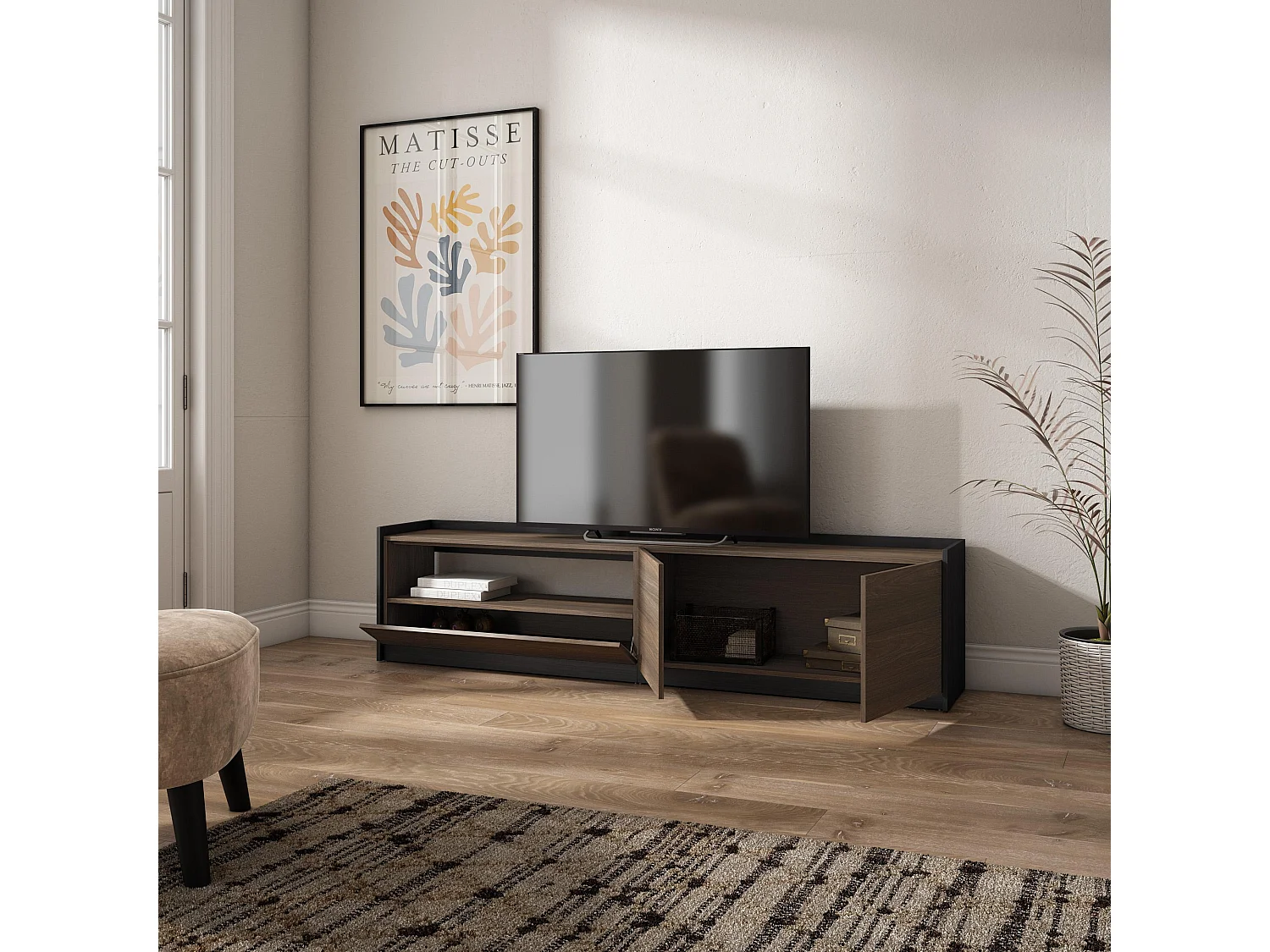 Meuble TV | Banc Télé, 207x50x37 cm, Pour les TV jusqu'à 80", Meubles de salon, Chêne foncé et Noir