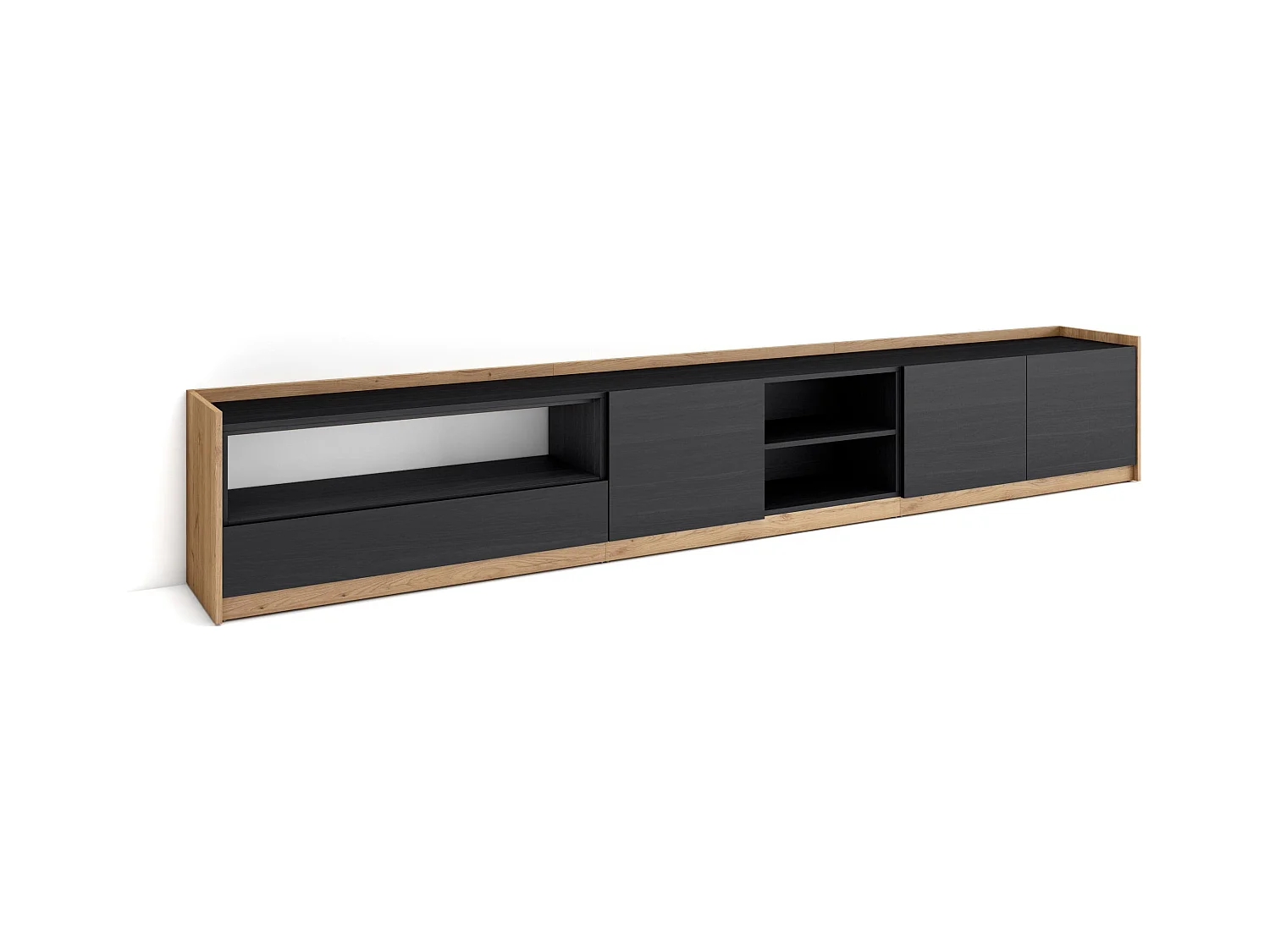 Meuble TV | Banc Télé, 310x50x37 cm, Pour les TV jusqu'à 80", Meubles de salon, Noir et chêne