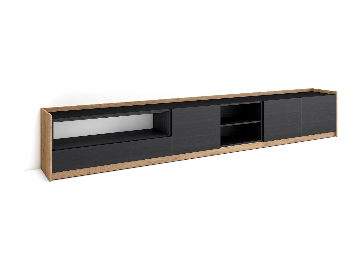 Meuble TV | Banc Télé, 310x50x37 cm, Pour les TV jusqu'à 80", Meubles de salon, Noir et chêne