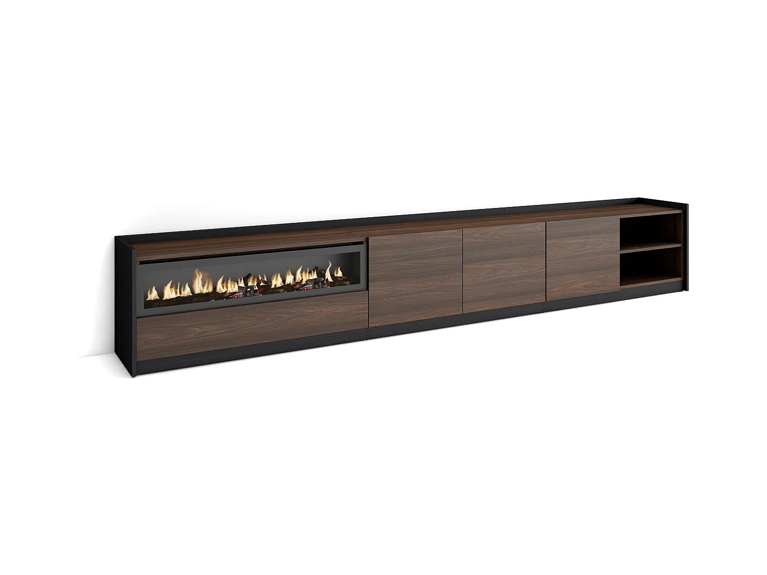Mobile TV Soggiorno, 310x50x37 cm, Per TV fino a 80", Camino elettrico, Rovere scuro e Nero