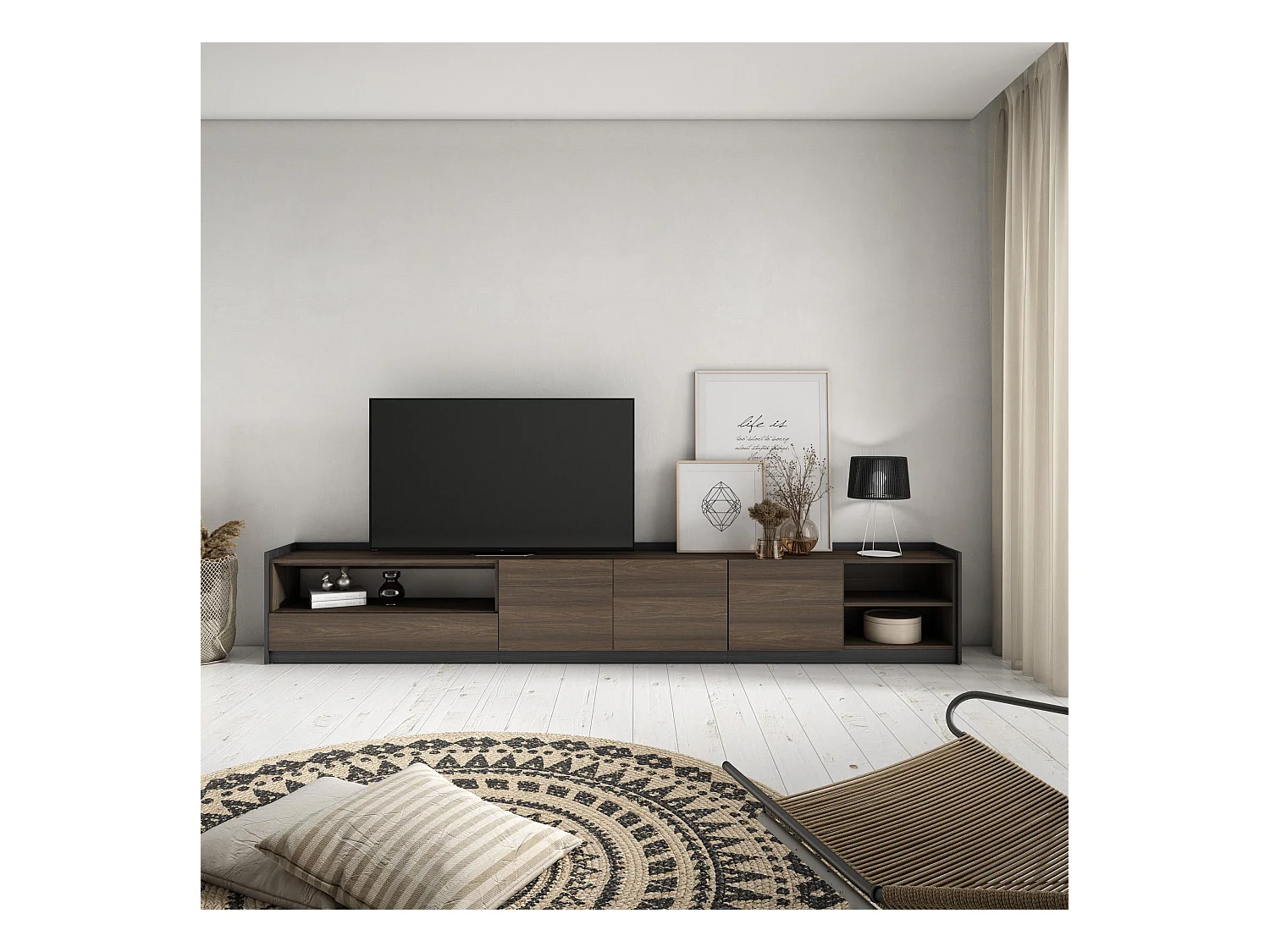 TV-Schrank, Lowboard, 310x50x37 cm, Für TV-Geräte bis zu 80", Fernsehtisch, Dunkler Eiche und Schwarz