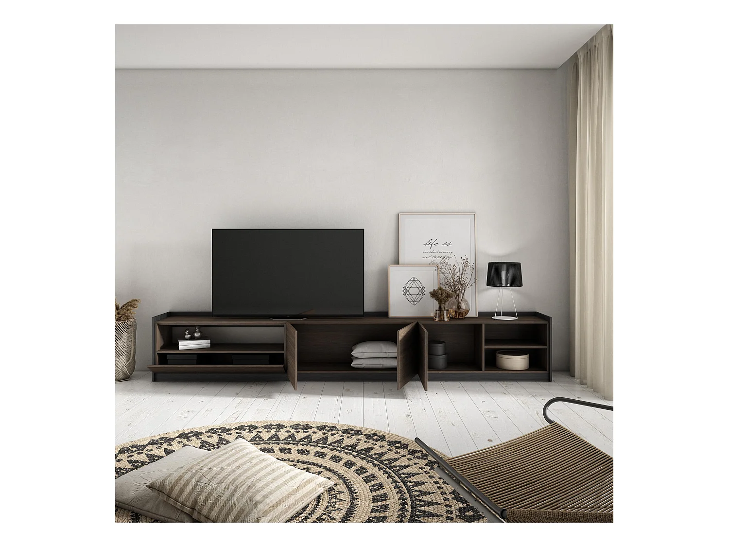 TV-Schrank, Lowboard, 310x50x37 cm, Für TV-Geräte bis zu 80", Fernsehtisch, Dunkler Eiche und Schwarz