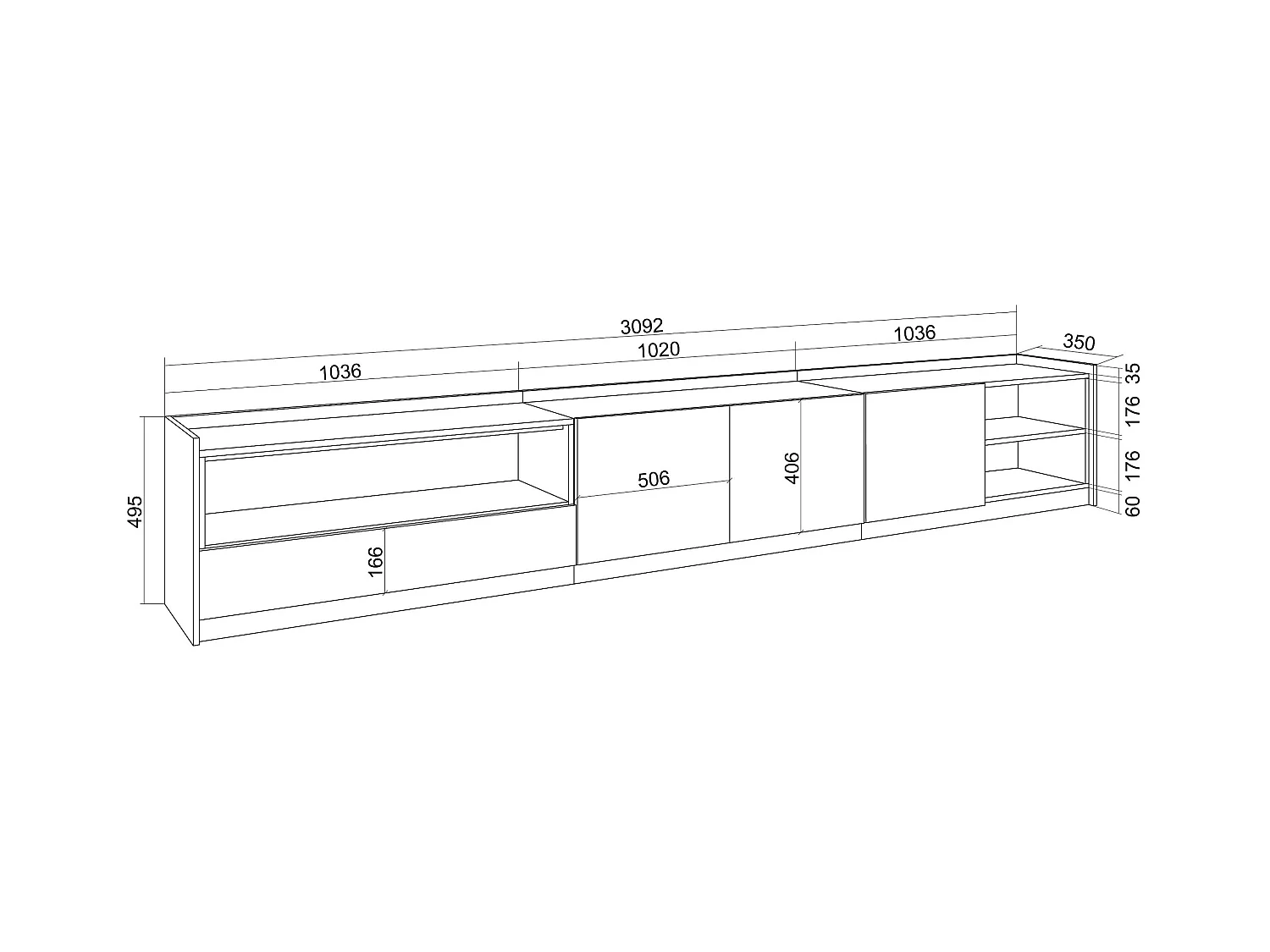 TV-Schrank, Lowboard, 310x50x37 cm, Für TV-Geräte bis zu 80", Fernsehtisch, Dunkler Eiche und Schwarz