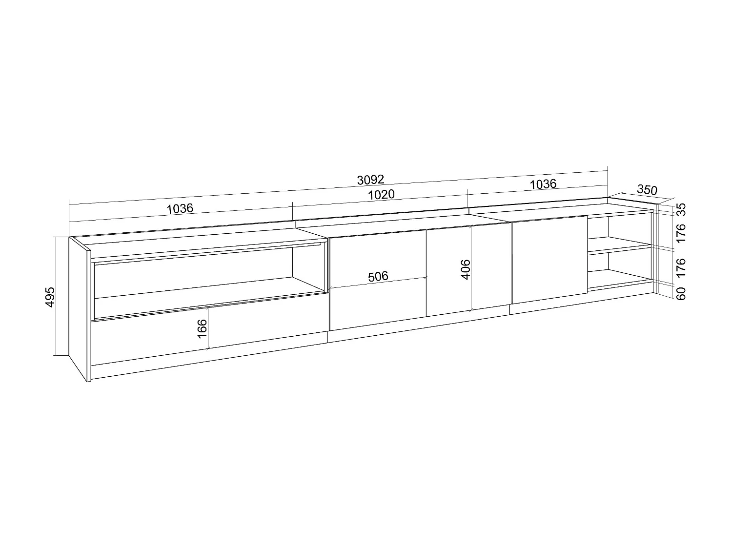 Meuble TV | Banc Télé, 310x50x37 cm, Pour les TV jusqu'à 80", Meubles de salon, Chêne foncé et Noir