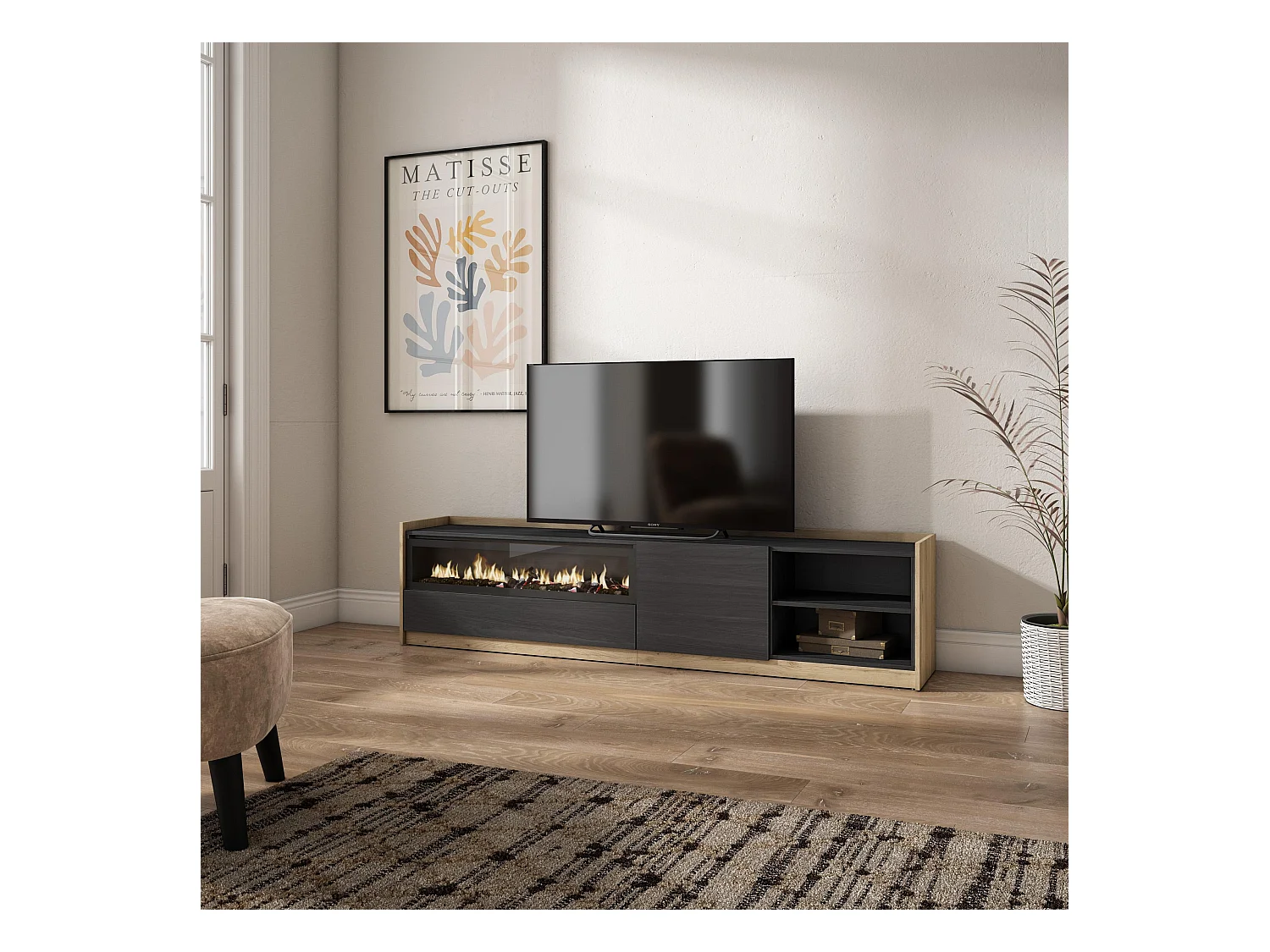 TV-Schrank, Lowboard, 207x50x37 cm, Für TV-Geräte bis zu 80", Elektrokamin., Schwarz Eiche