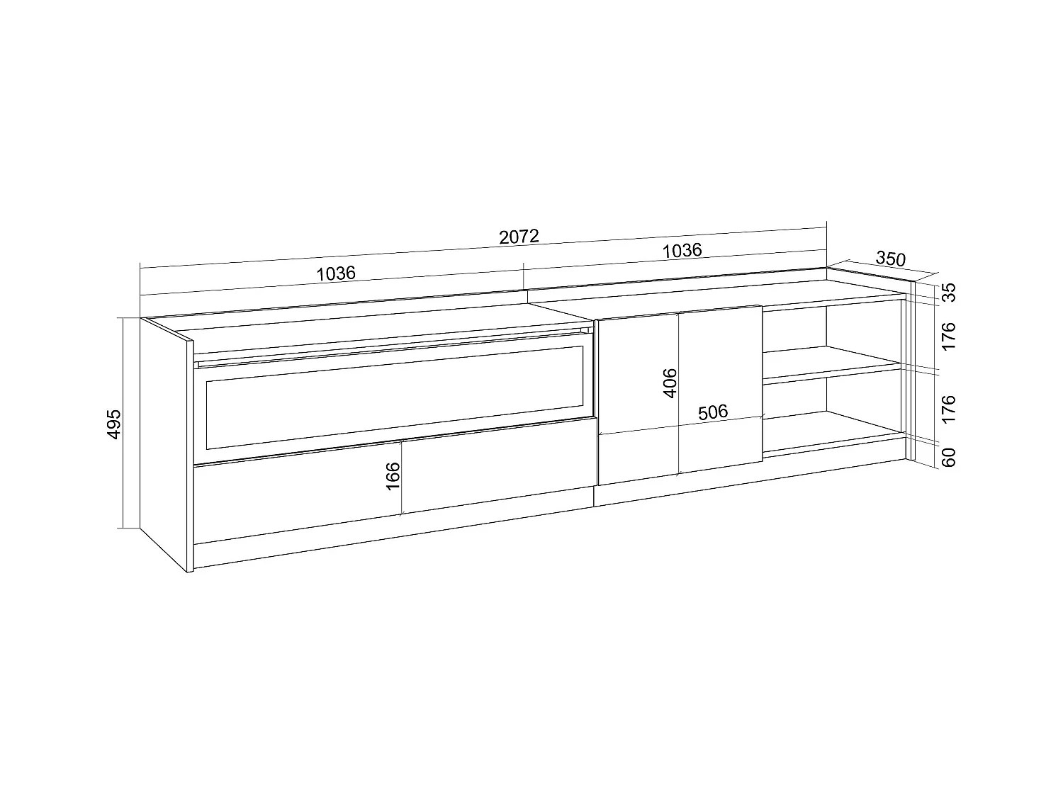 TV-Schrank, Lowboard, 207x50x37 cm, Für TV-Geräte bis zu 80", Elektrokamin., Schwarz Eiche