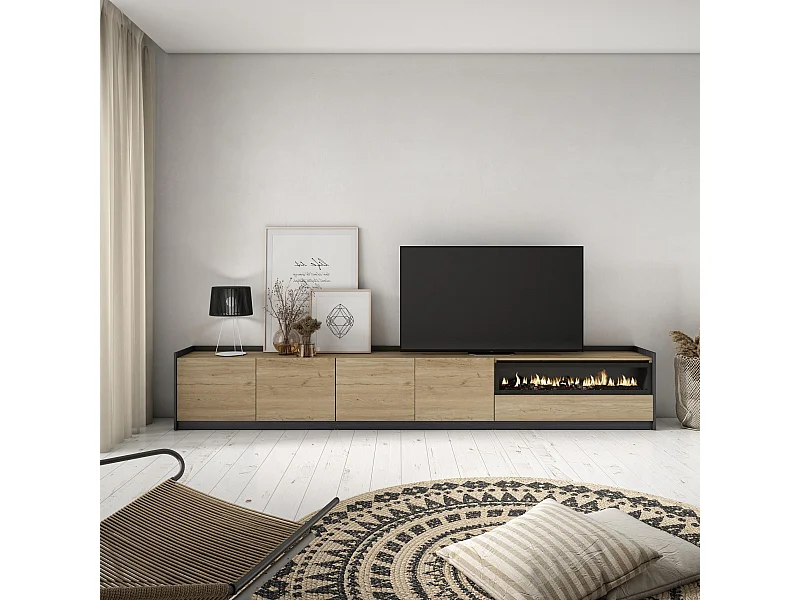 Móvel de TV, 310x50x37 cm, Para televisores até 80", Lareira eléctrica, Carvalho e preto