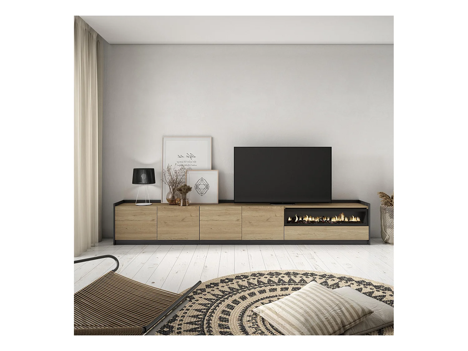 Meuble TV | Banc Télé, 310x50x37 cm, Pour les TV jusqu'à 80", Cheminée électrique, Chêne et noir