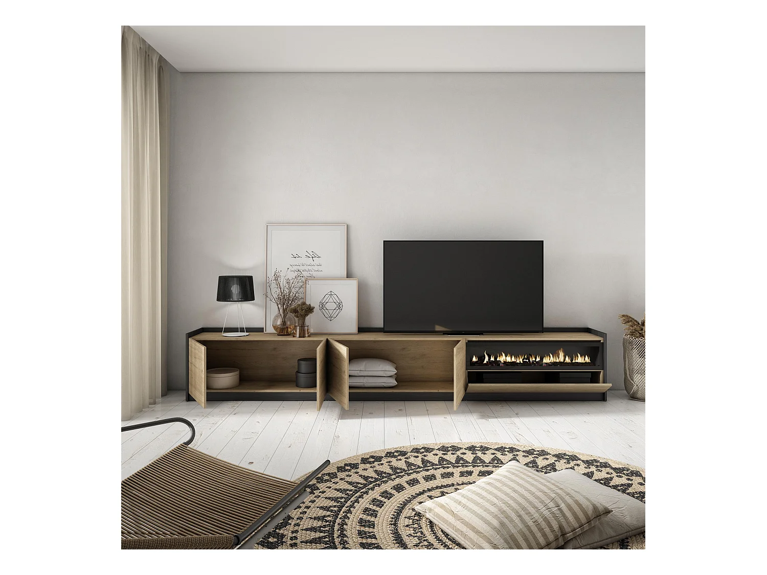 Meuble TV | Banc Télé, 310x50x37 cm, Pour les TV jusqu'à 80", Cheminée électrique, Chêne et noir