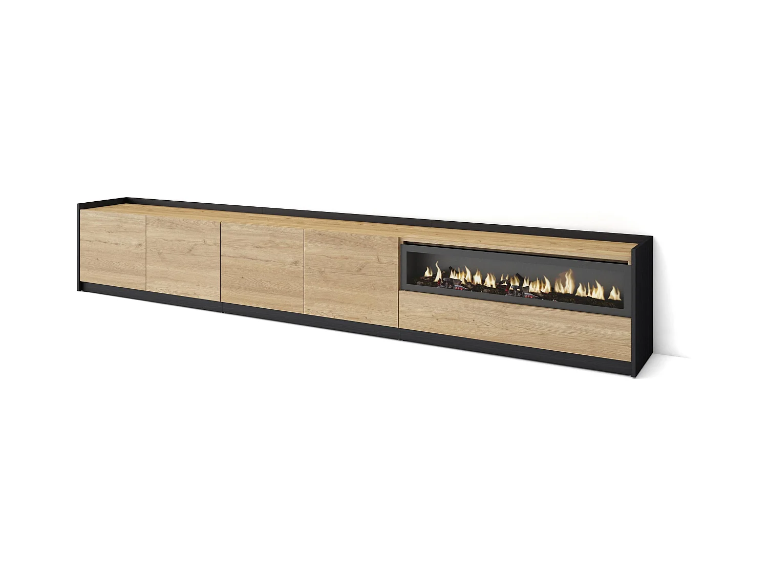 Meuble TV | Banc Télé, 310x50x37 cm, Pour les TV jusqu'à 80", Cheminée électrique, Chêne et noir