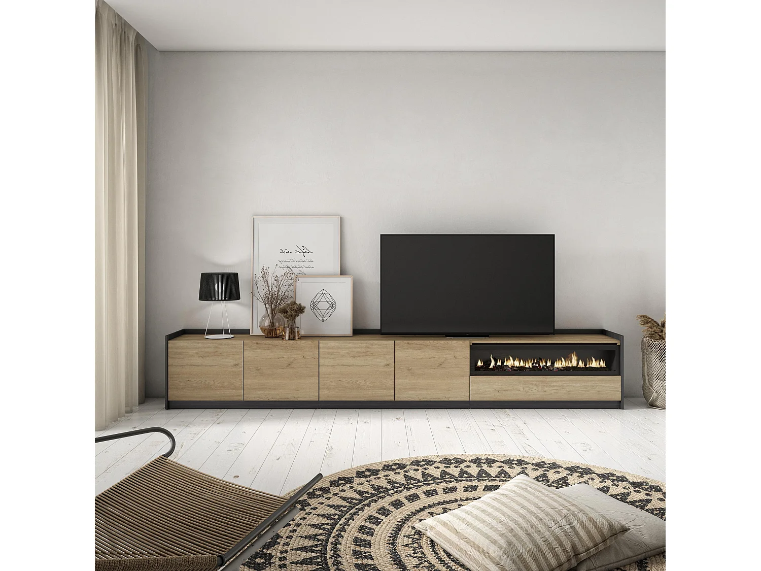 TV-Meubel, Lowboard, 310x50x37 cm, Voor tv's tot 80", Elektrische haard, Eiken/Zwart