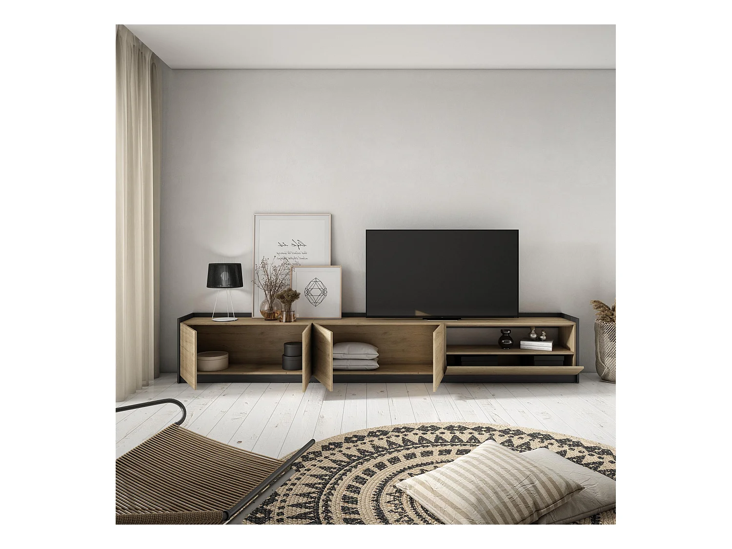 Meuble TV | Banc Télé, 310x50x37 cm, Pour les TV jusqu'à 80", Meubles de salon, Chêne et noir