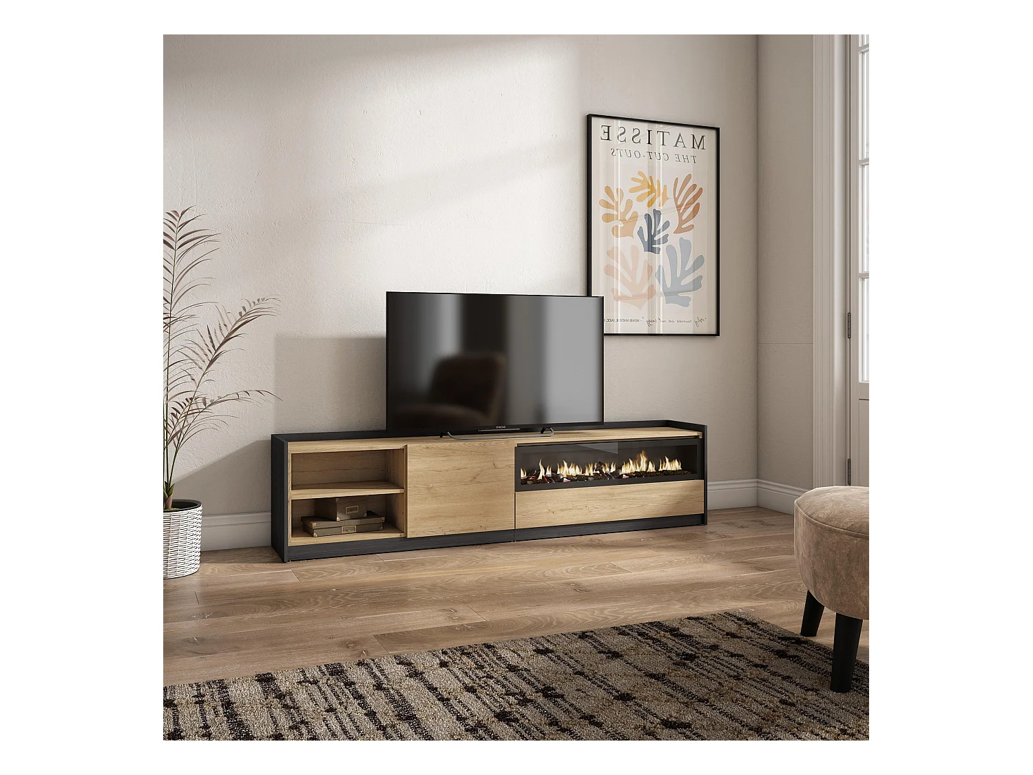 Meuble TV | Banc Télé, 207x50x37 cm, Pour les TV jusqu'à 80", Cheminée électrique, Chêne et noir