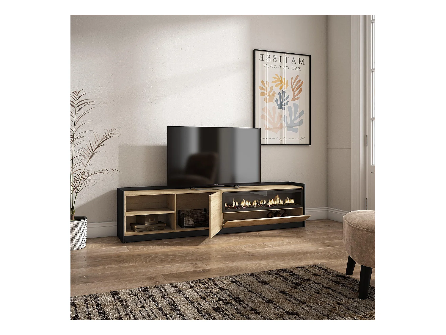 Meuble TV | Banc Télé, 207x50x37 cm, Pour les TV jusqu'à 80", Cheminée électrique, Chêne et noir