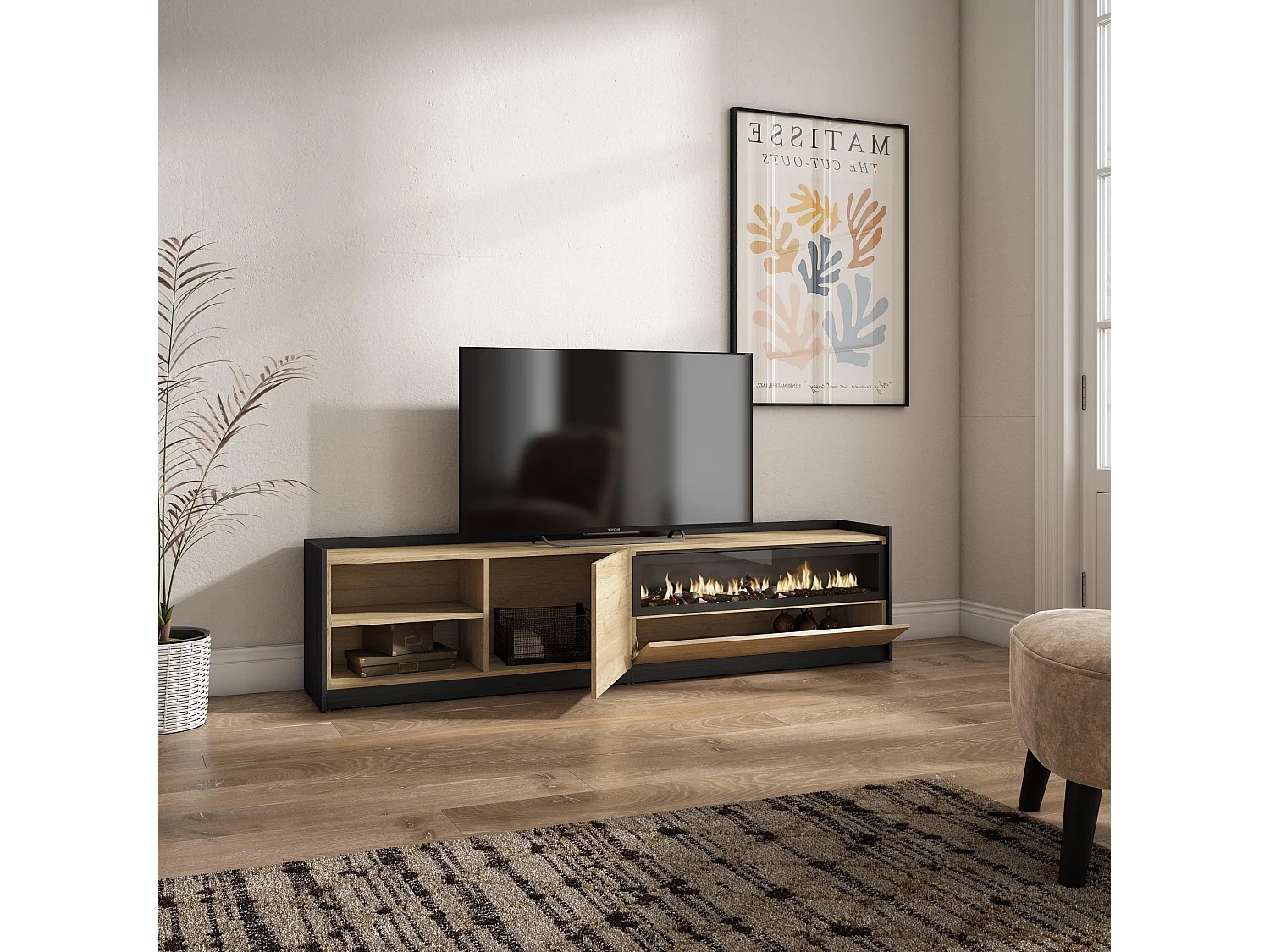 Mobile TV Soggiorno, 207x50x37 cm, Per TV fino a 80", Camino elettrico, Rovere e nero