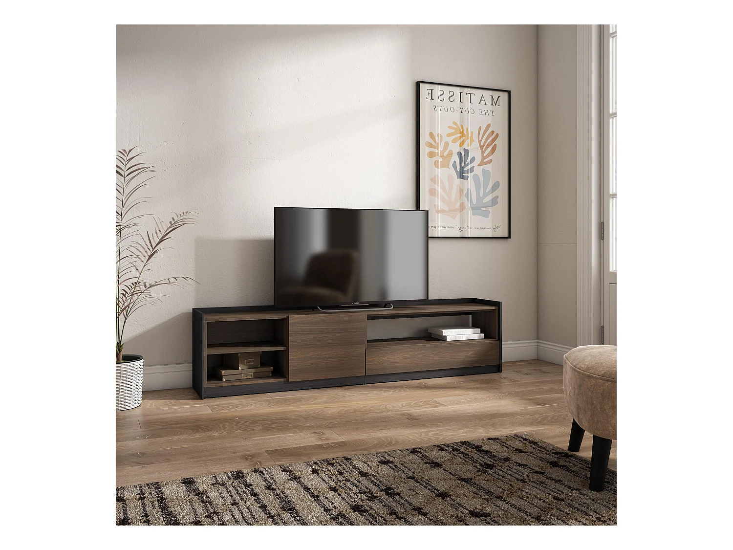 TV-Schrank, Lowboard, 207x50x37 cm, Für TV-Geräte bis zu 80", Fernsehtisch, Dunkler Eiche und Schwarz