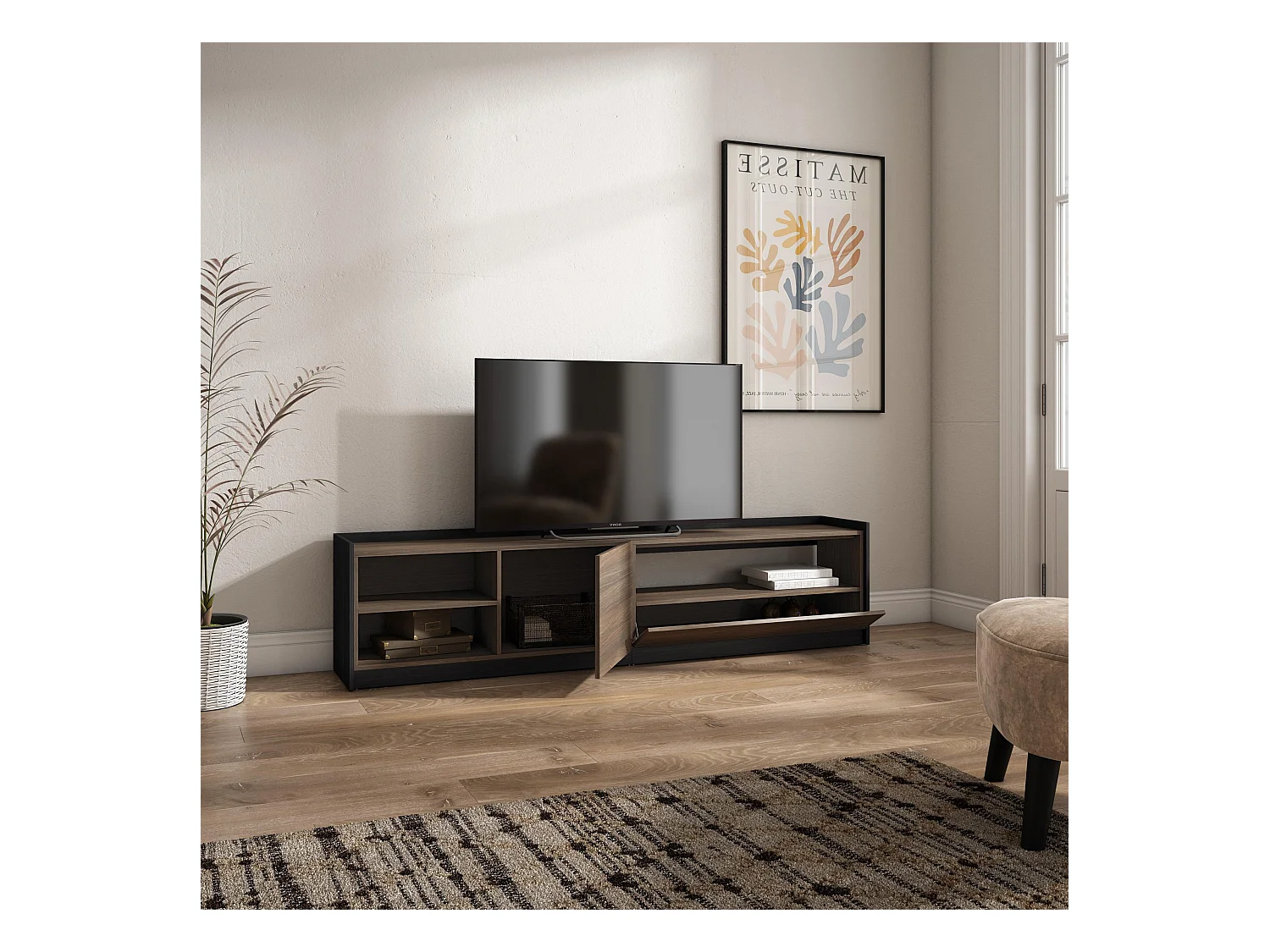TV-Schrank, Lowboard, 207x50x37 cm, Für TV-Geräte bis zu 80", Fernsehtisch, Dunkler Eiche und Schwarz
