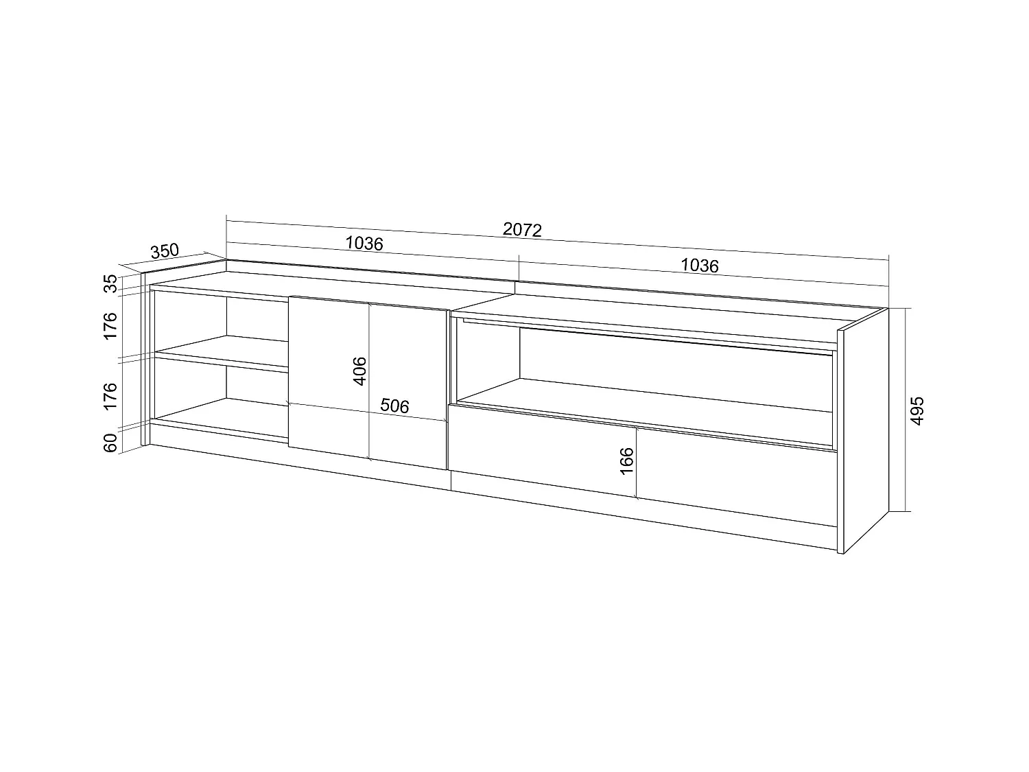 TV-Schrank, Lowboard, 207x50x37 cm, Für TV-Geräte bis zu 80", Fernsehtisch, Dunkler Eiche und Schwarz