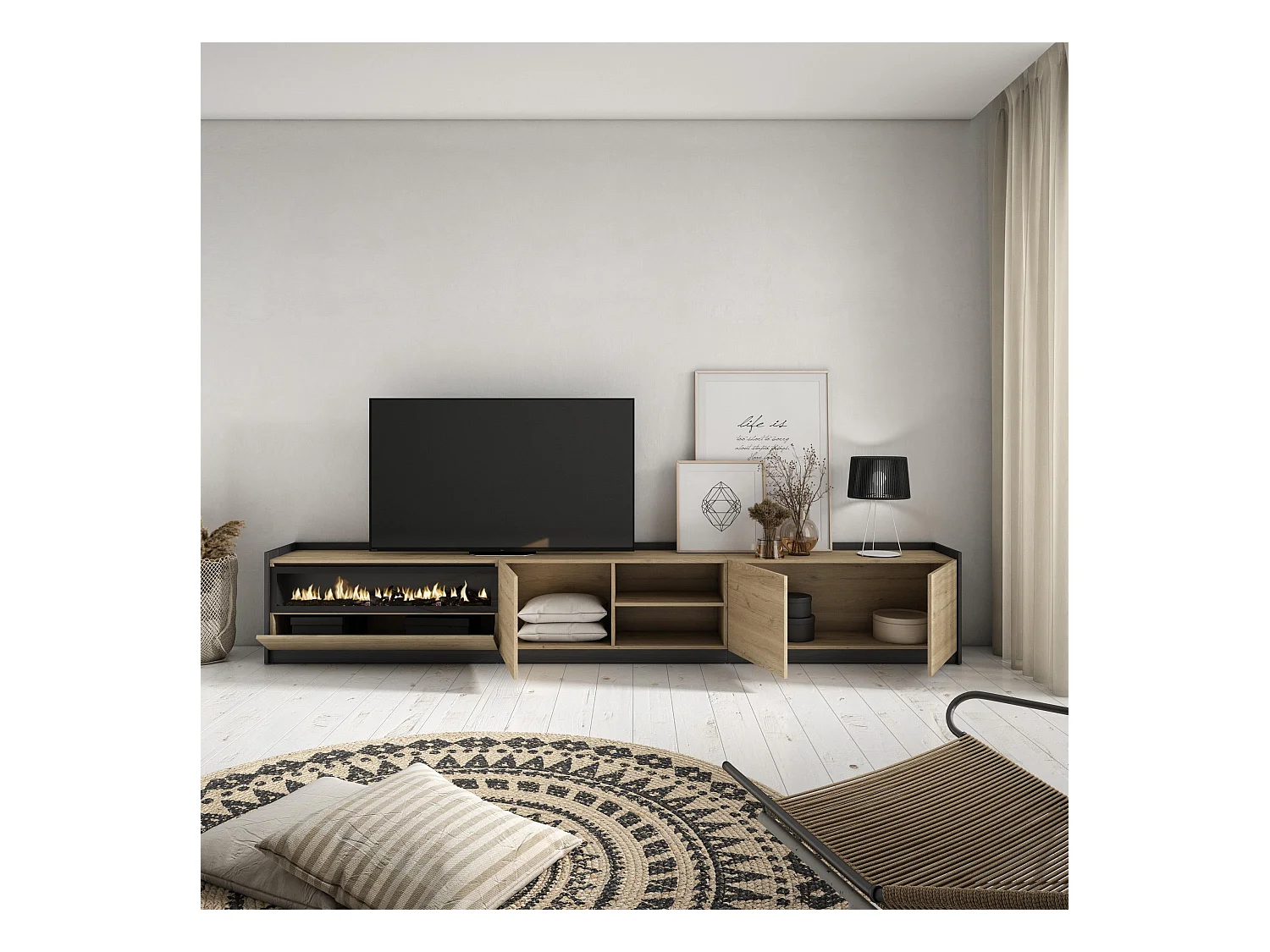 Meuble TV | Banc Télé, 310x50x37 cm, Pour les TV jusqu'à 80", Cheminée électrique, Chêne et noir