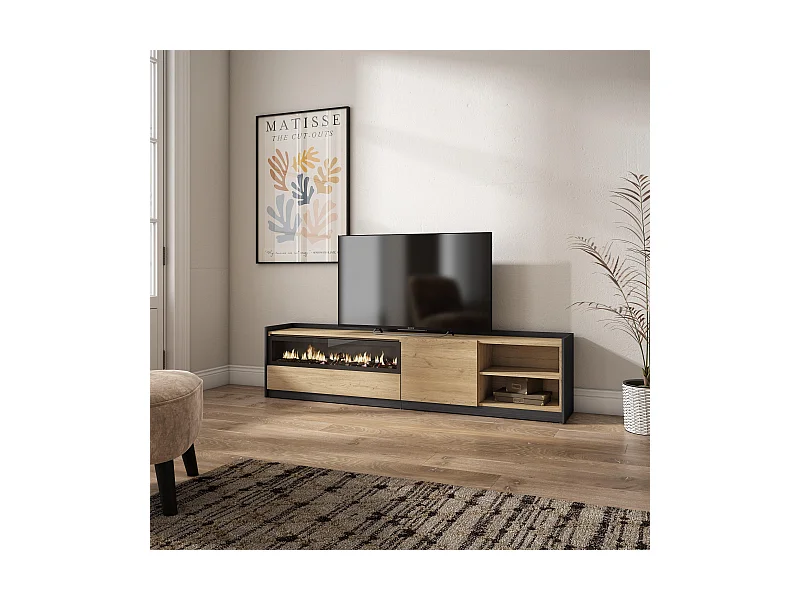 Móvel de TV, 207x50x37 cm, Para televisores até 80", Lareira eléctrica, Carvalho e preto