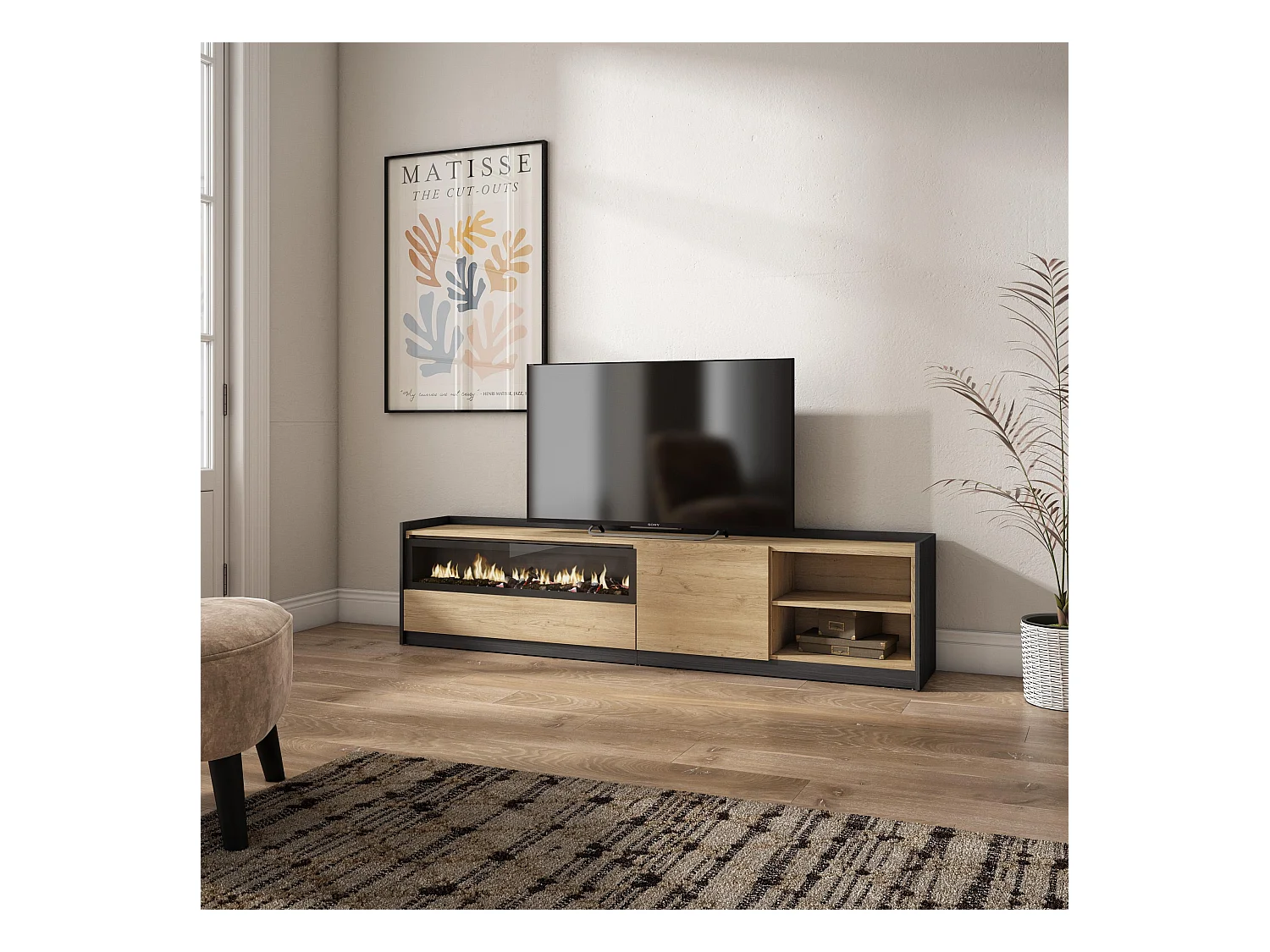 Meuble TV | Banc Télé, 207x50x37 cm, Pour les TV jusqu'à 80", Cheminée électrique, Chêne et noir