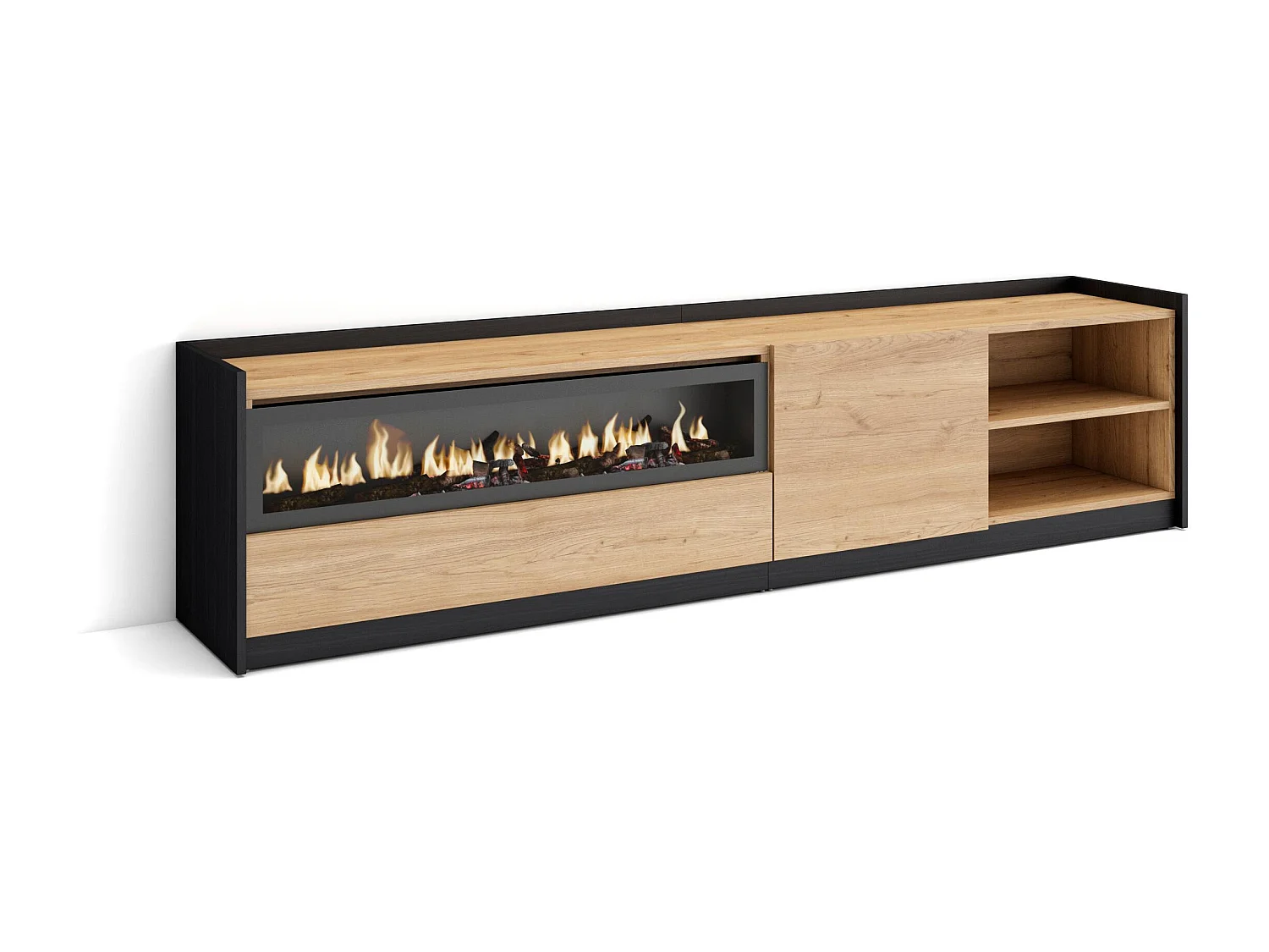 TV-Meubel, Lowboard, 207x37x50cm, Voor tv's tot 80", Elektrische haard, Eiken/Zwart