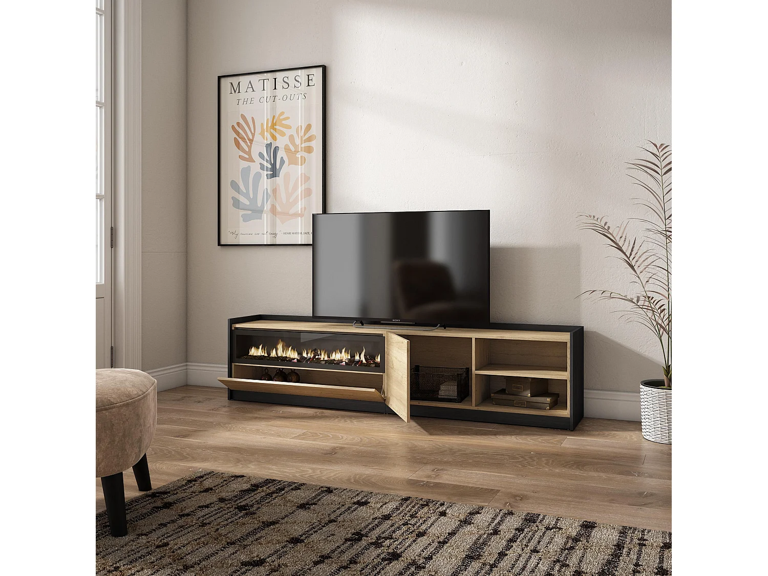 TV-Meubel, Lowboard, 207x37x50cm, Voor tv's tot 80", Elektrische haard, Eiken/Zwart