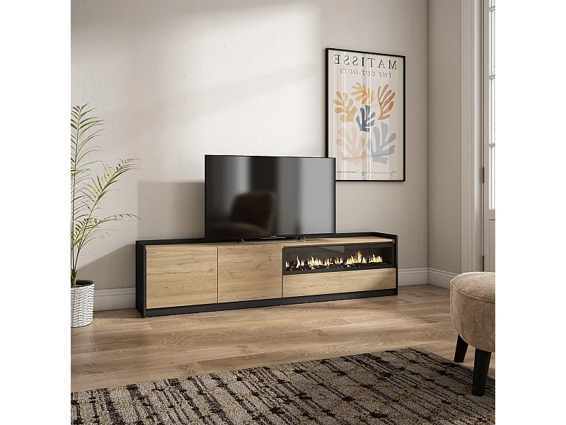 Móvel de TV, 207x50x37 cm, Para televisores até 80", Lareira eléctrica, Carvalho e preto